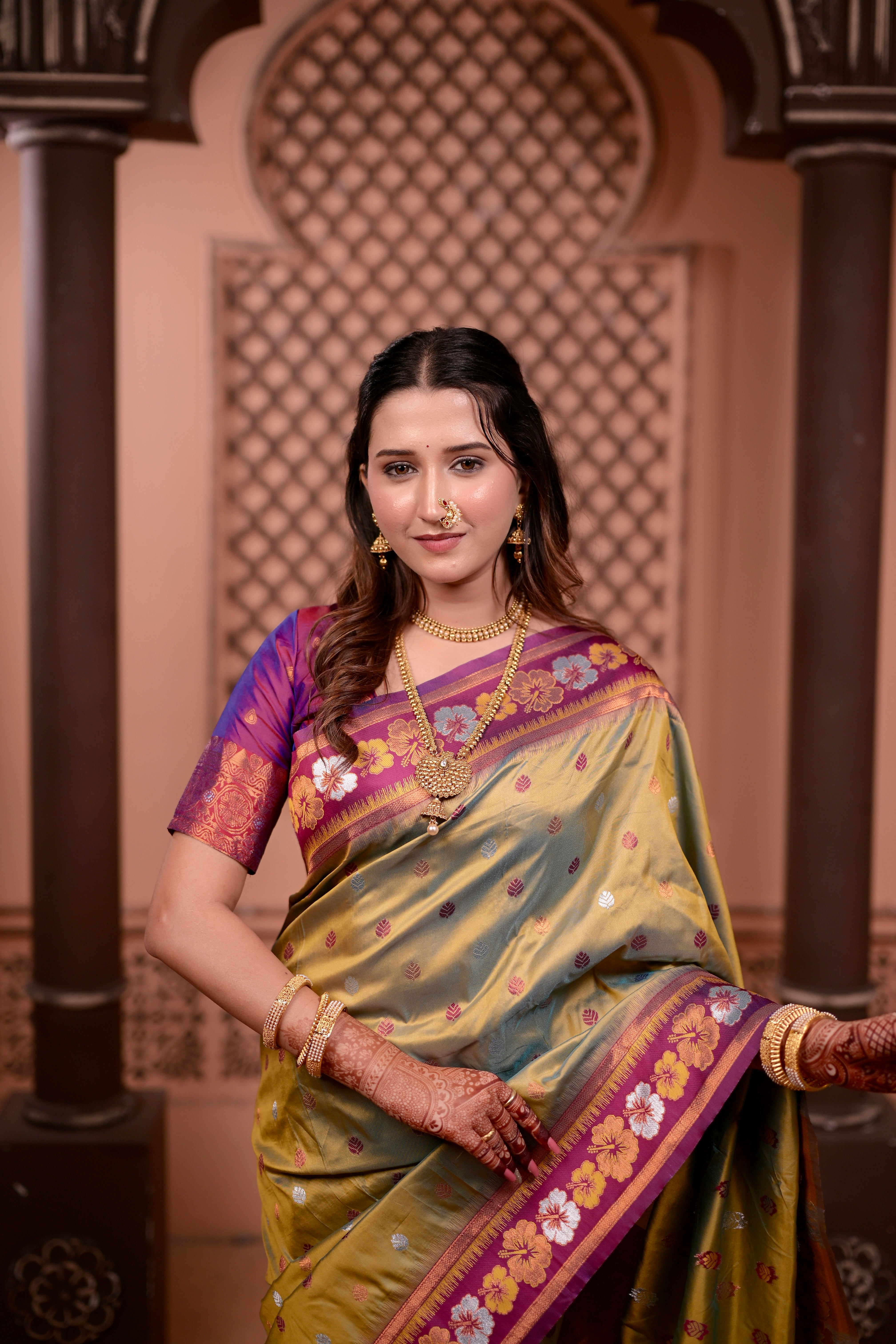 Golden Mehendi Traditional Soft Silk Saree