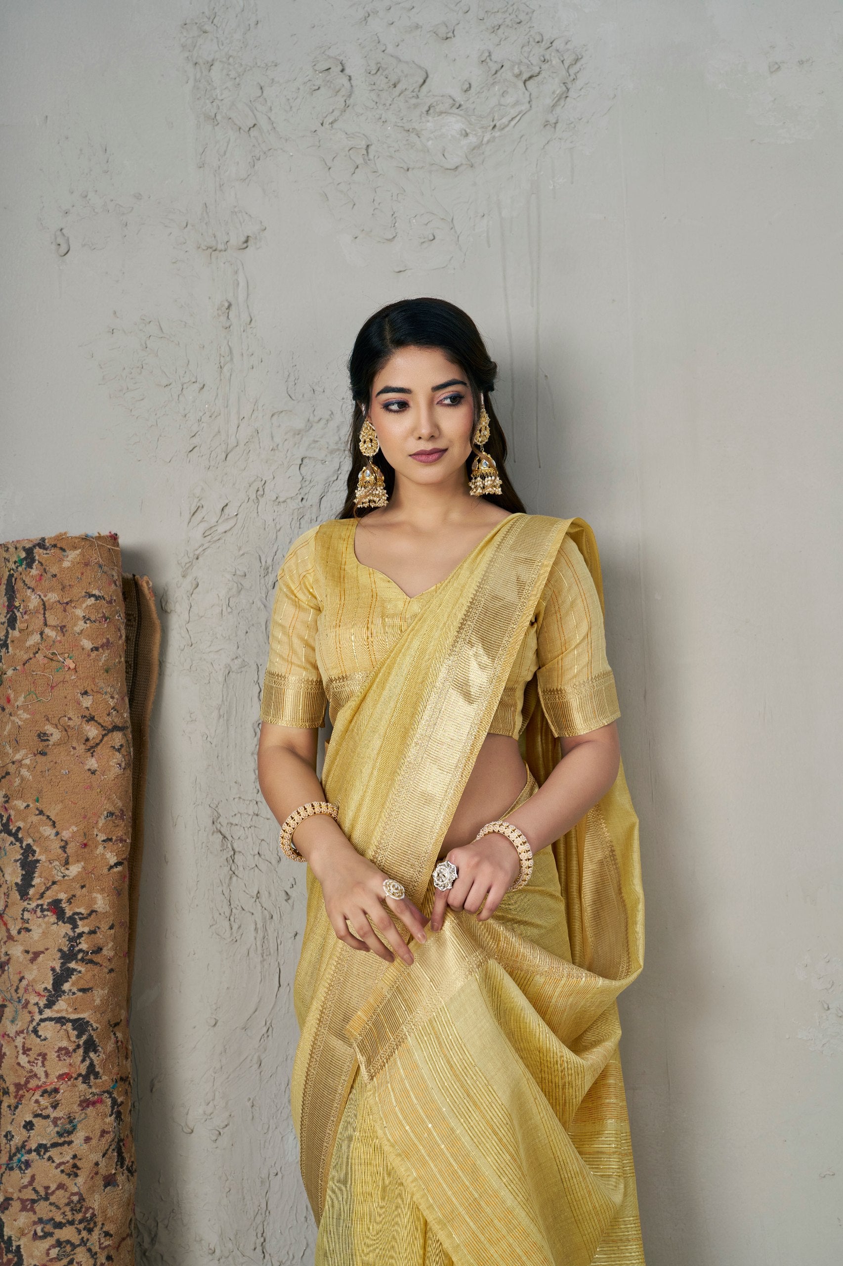 Golden Yellow Soft Linen Cotton Silk Saree