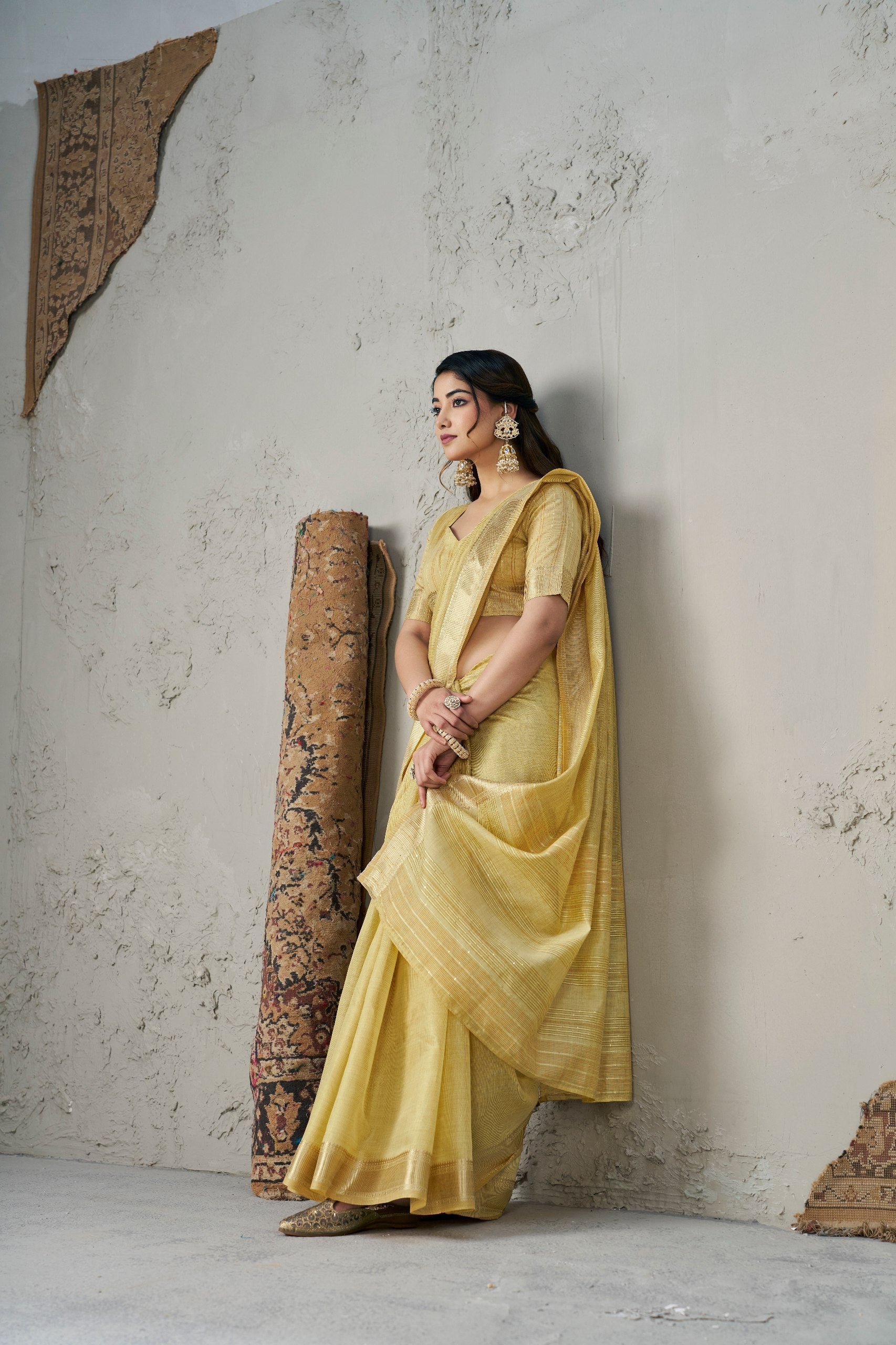 Golden Yellow Soft Linen Cotton Silk Saree