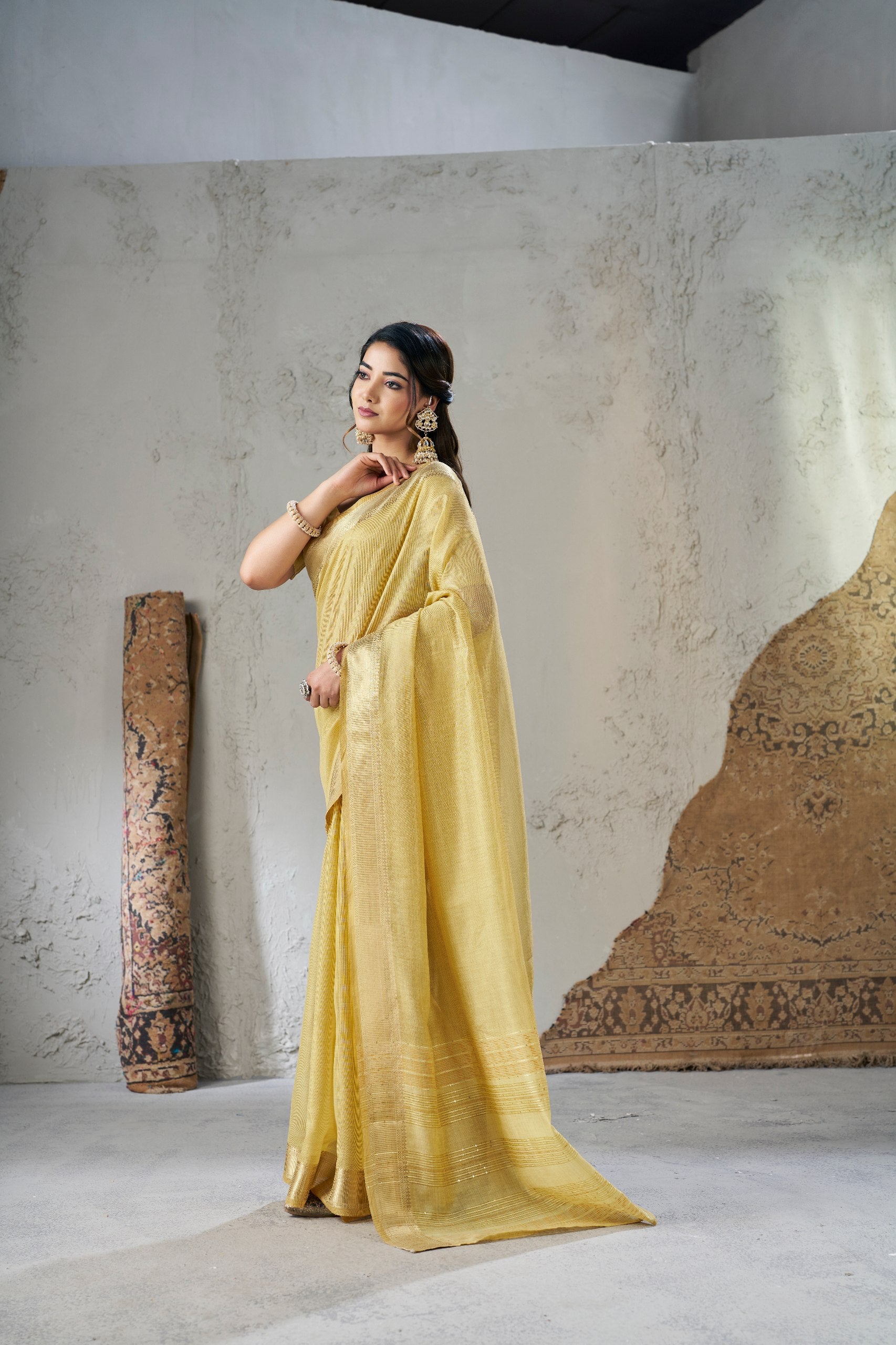 Golden Yellow Soft Linen Cotton Silk Saree