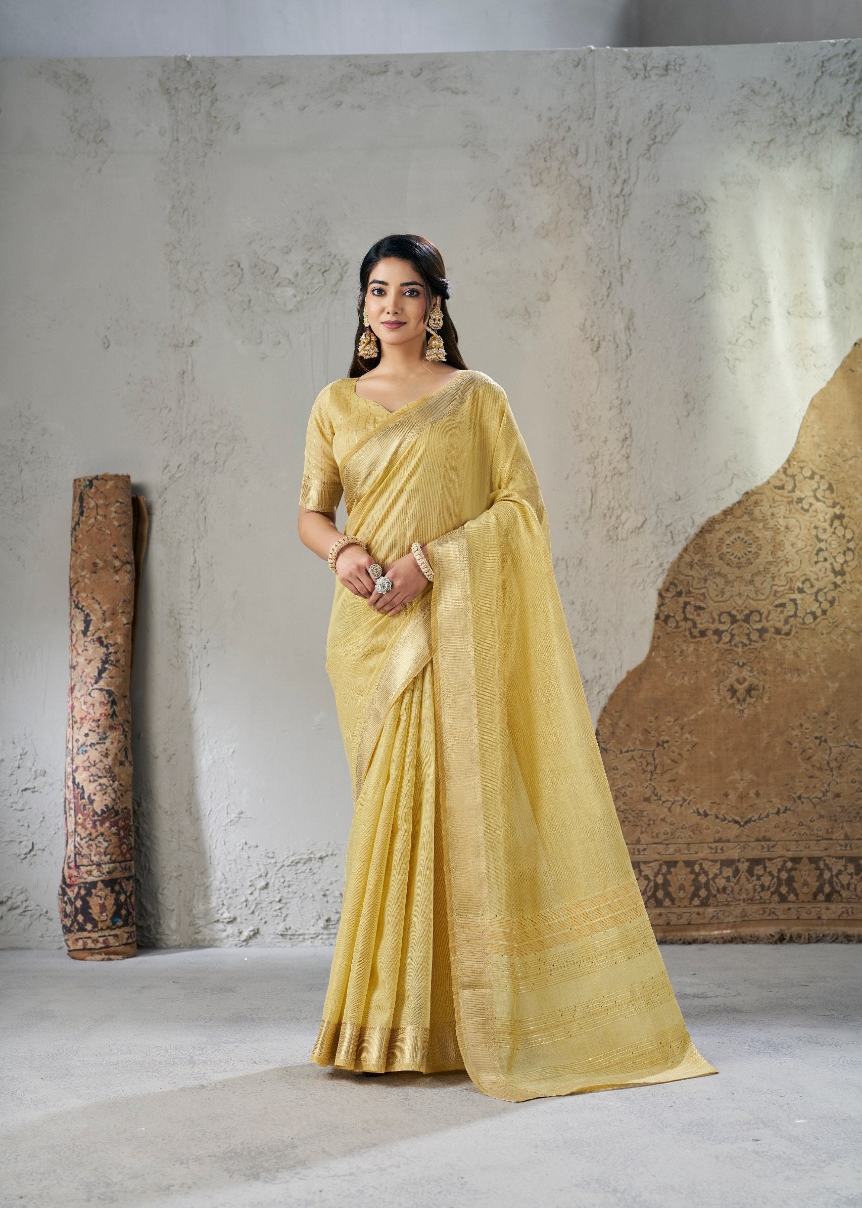 Golden Yellow Soft Linen Cotton Silk Saree