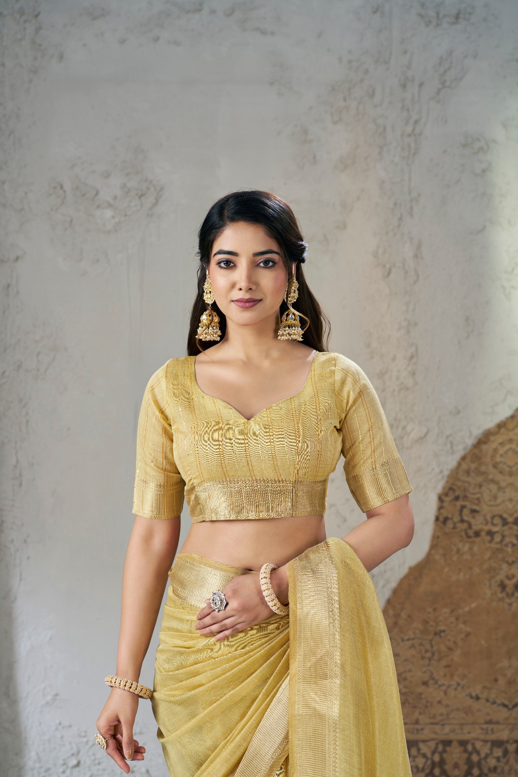 Golden Yellow Soft Linen Cotton Silk Saree