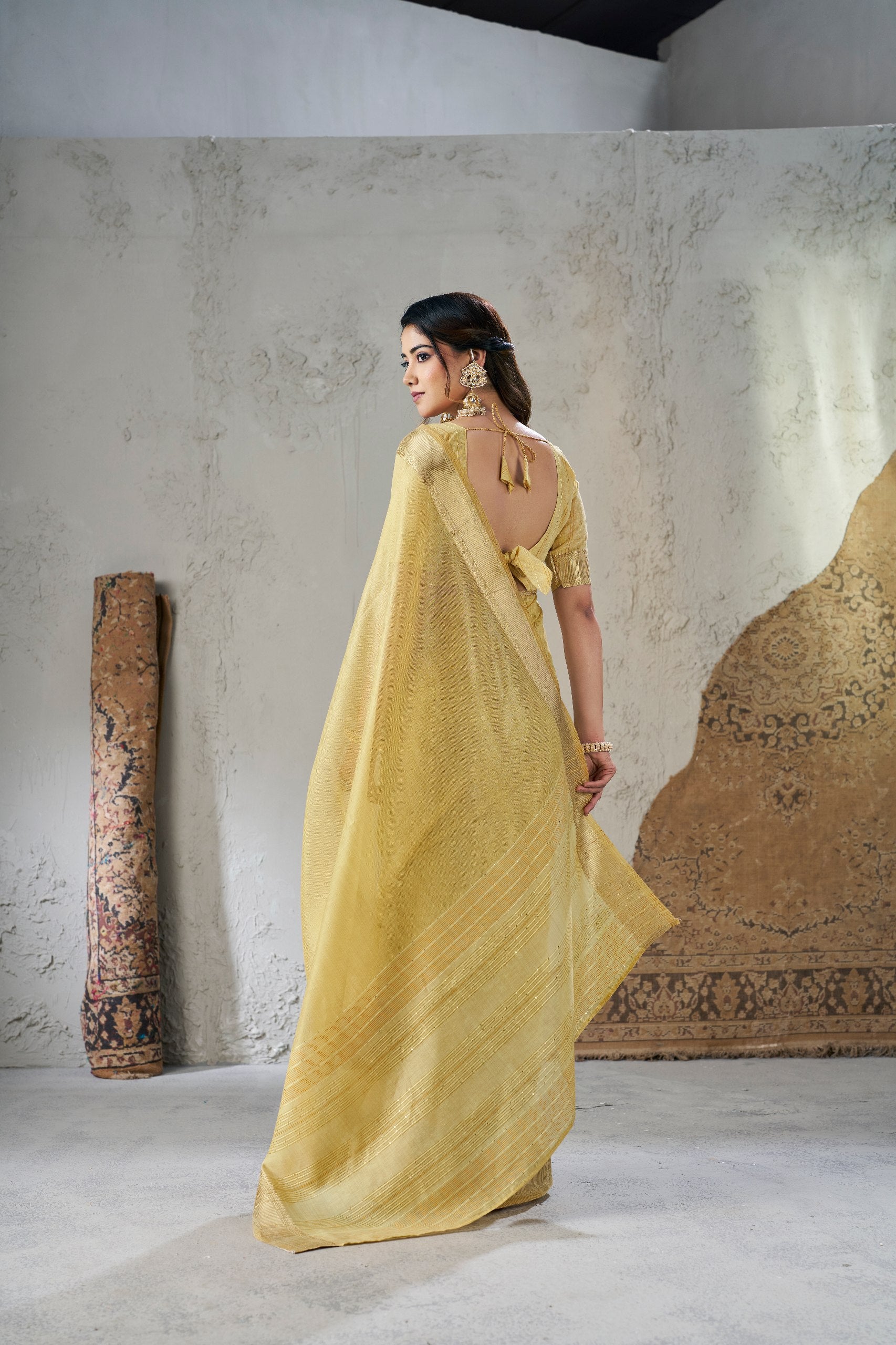 Golden Yellow Soft Linen Cotton Silk Saree