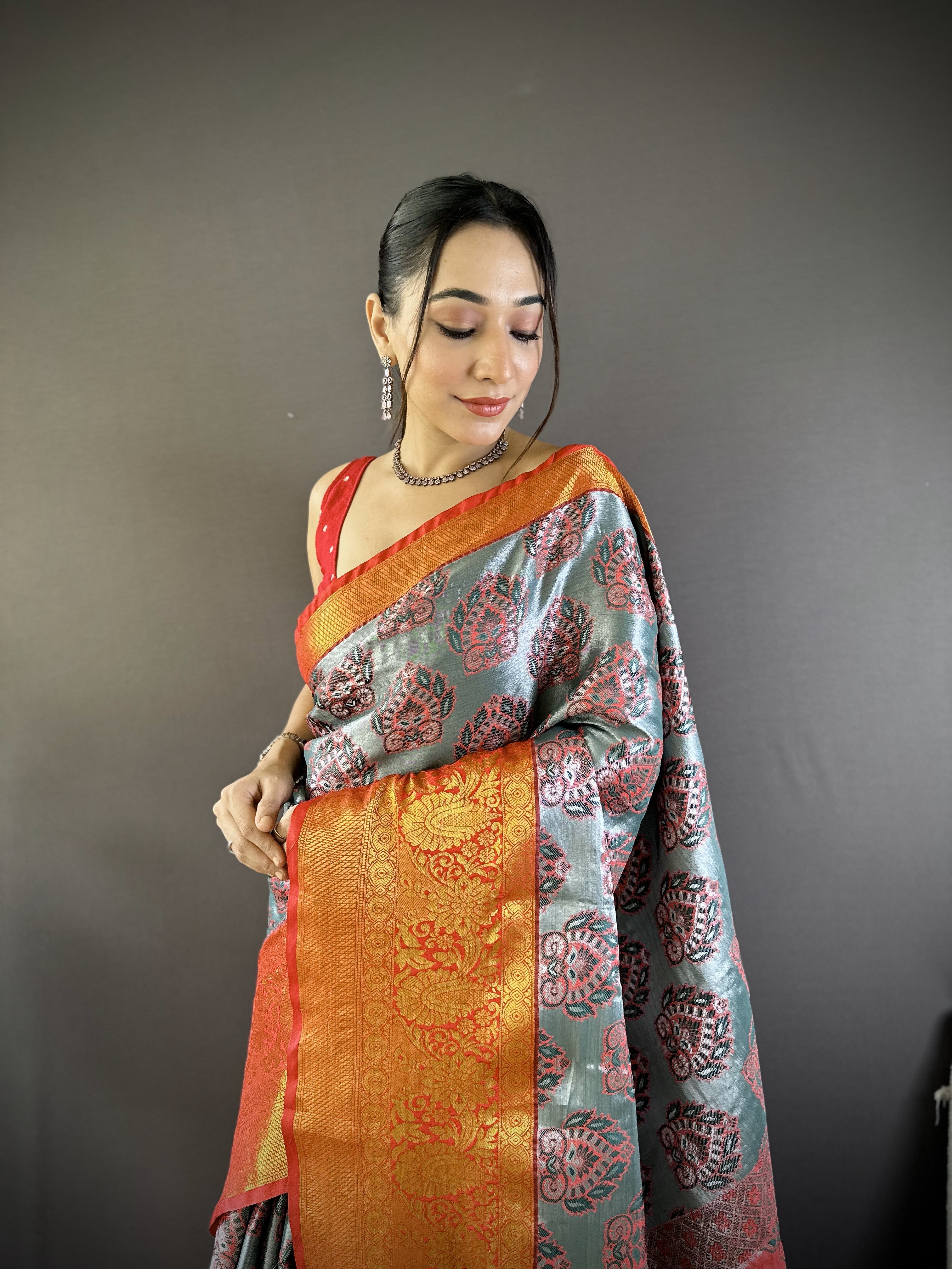 Gray Kanjivaram Tissue Silk Saree