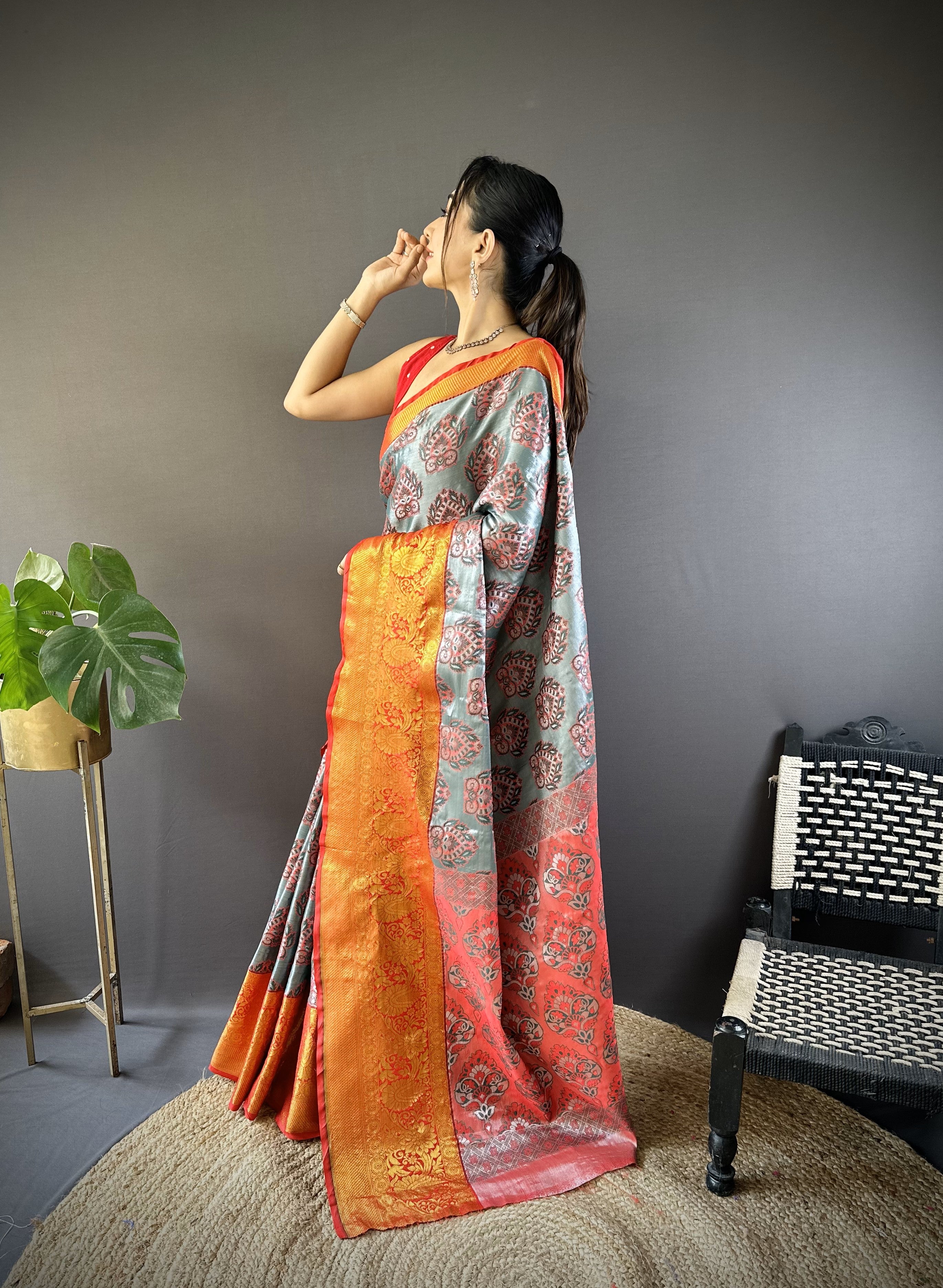 Gray Kanjivaram Tissue Silk Saree