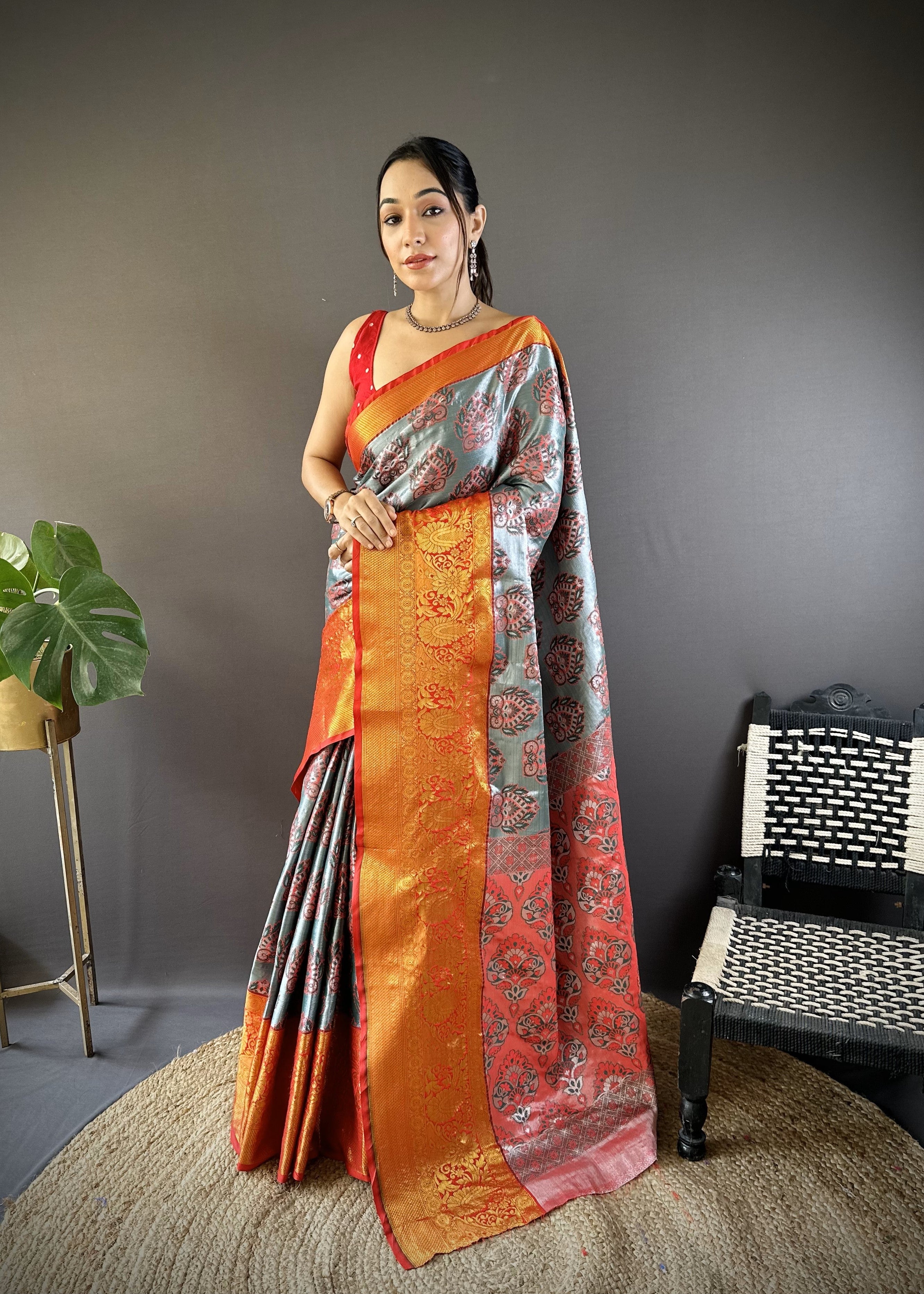 Gray Kanjivaram Tissue Silk Saree