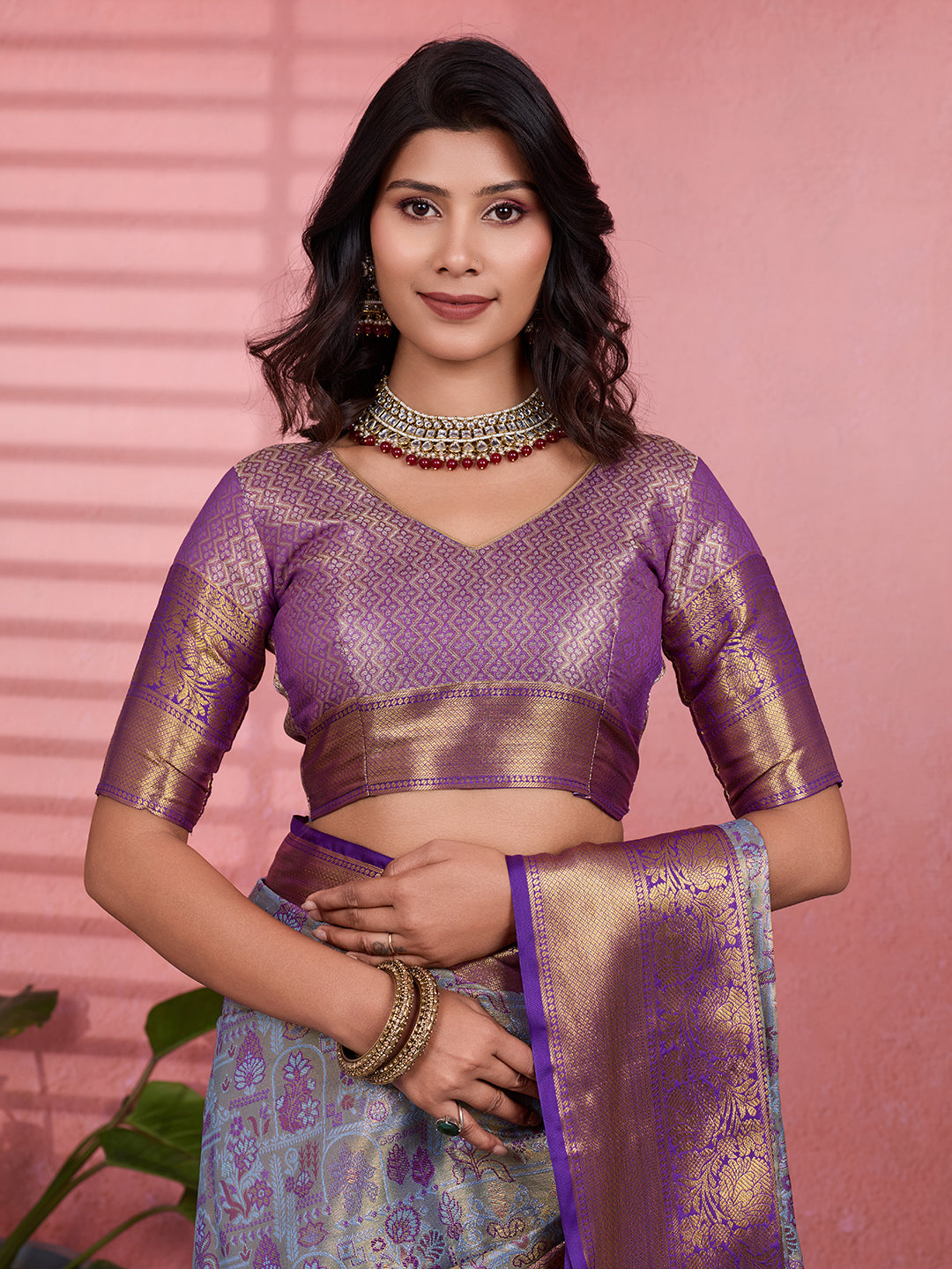 Gray & Purple Bridal Kanchipuram Silk Saree