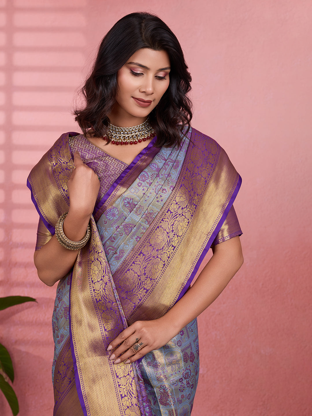 Gray & Purple Bridal Kanchipuram Silk Saree