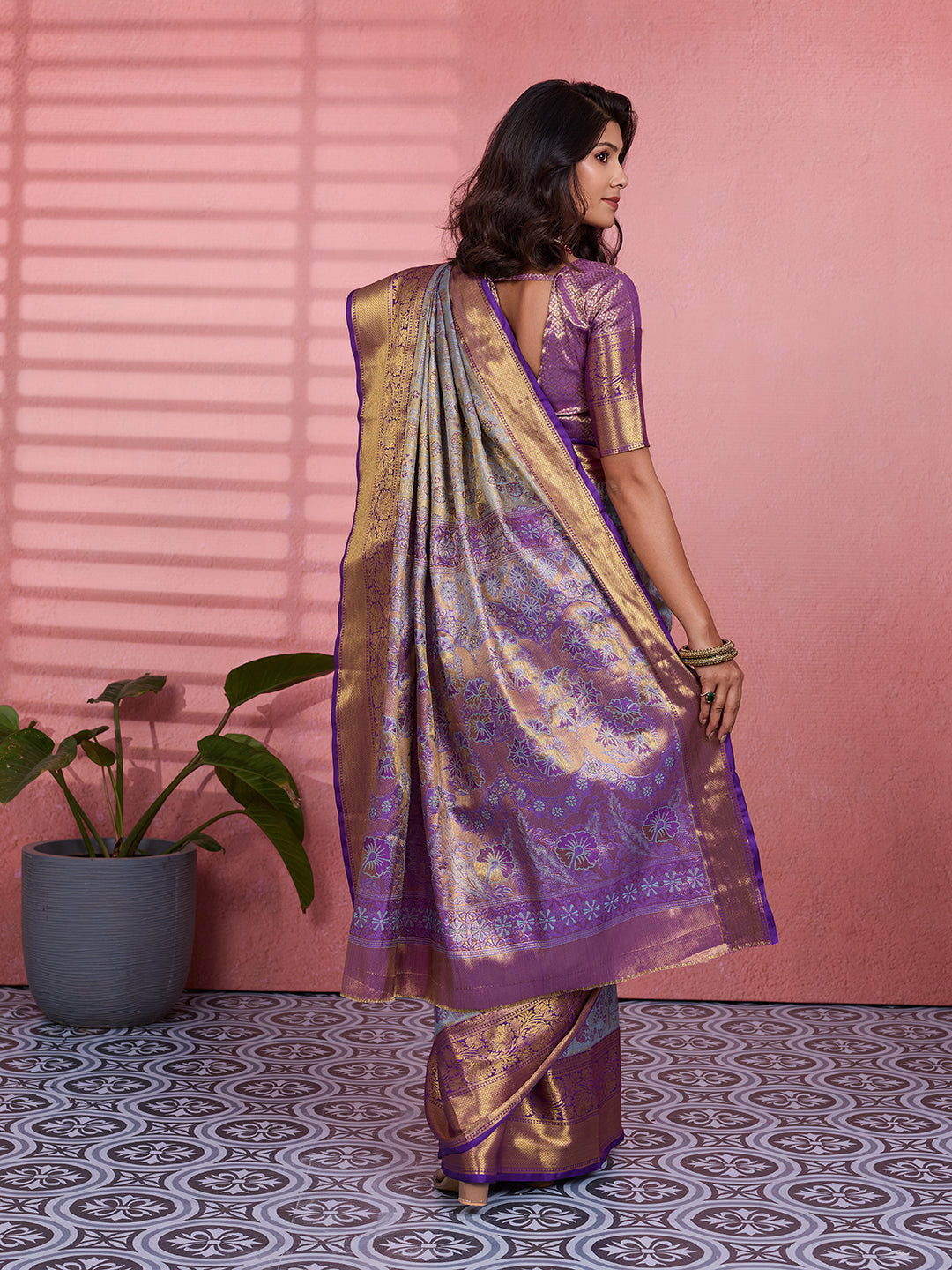 Gray & Purple Bridal Kanchipuram Silk Saree