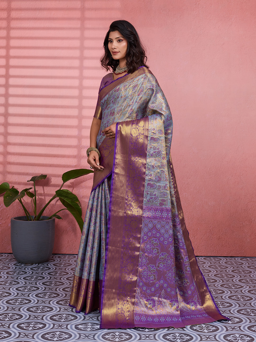 Gray & Purple Bridal Kanchipuram Silk Saree