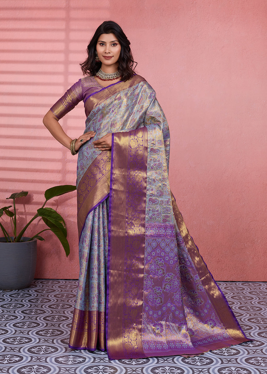 Gray & Purple Bridal Kanchipuram Silk Saree