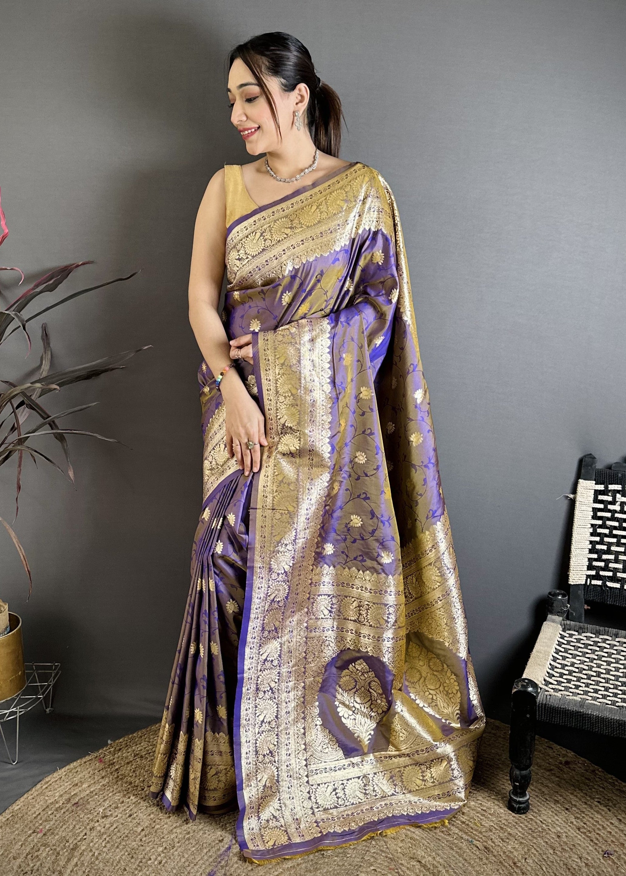 Gray Purple Pure Banarasi Silk Saree