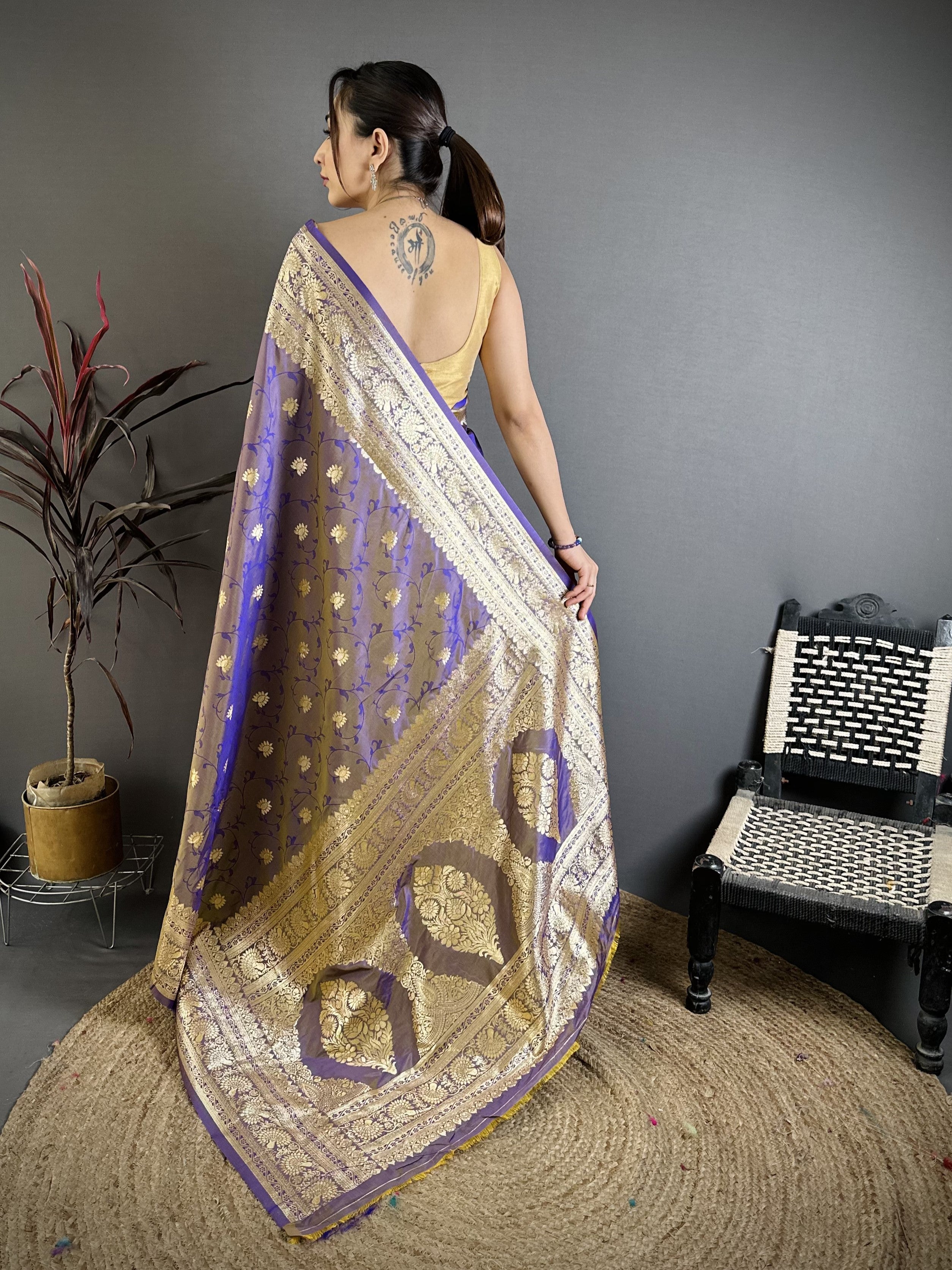 Gray Purple Pure Banarasi Silk Saree