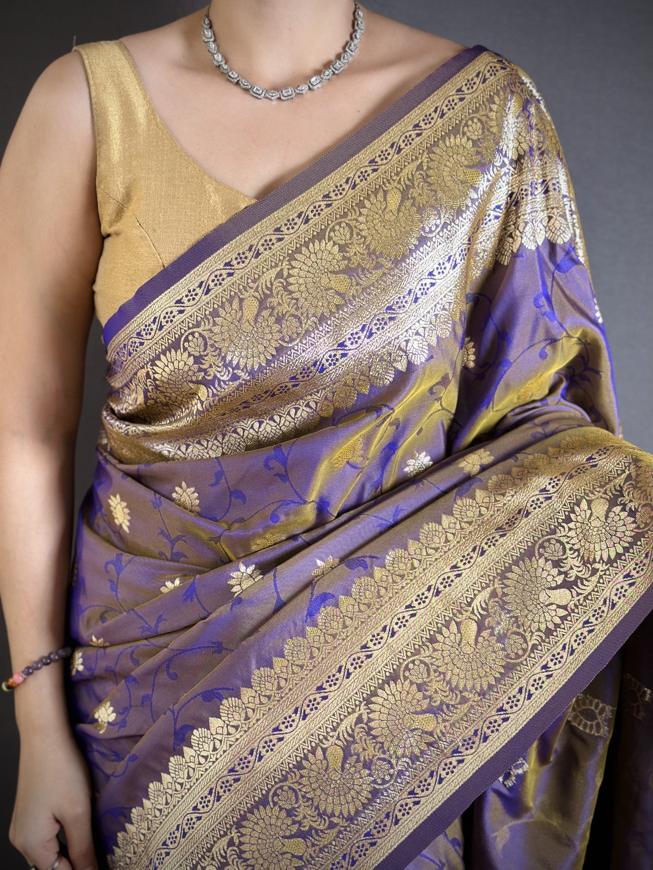 Gray Purple Pure Banarasi Silk Saree