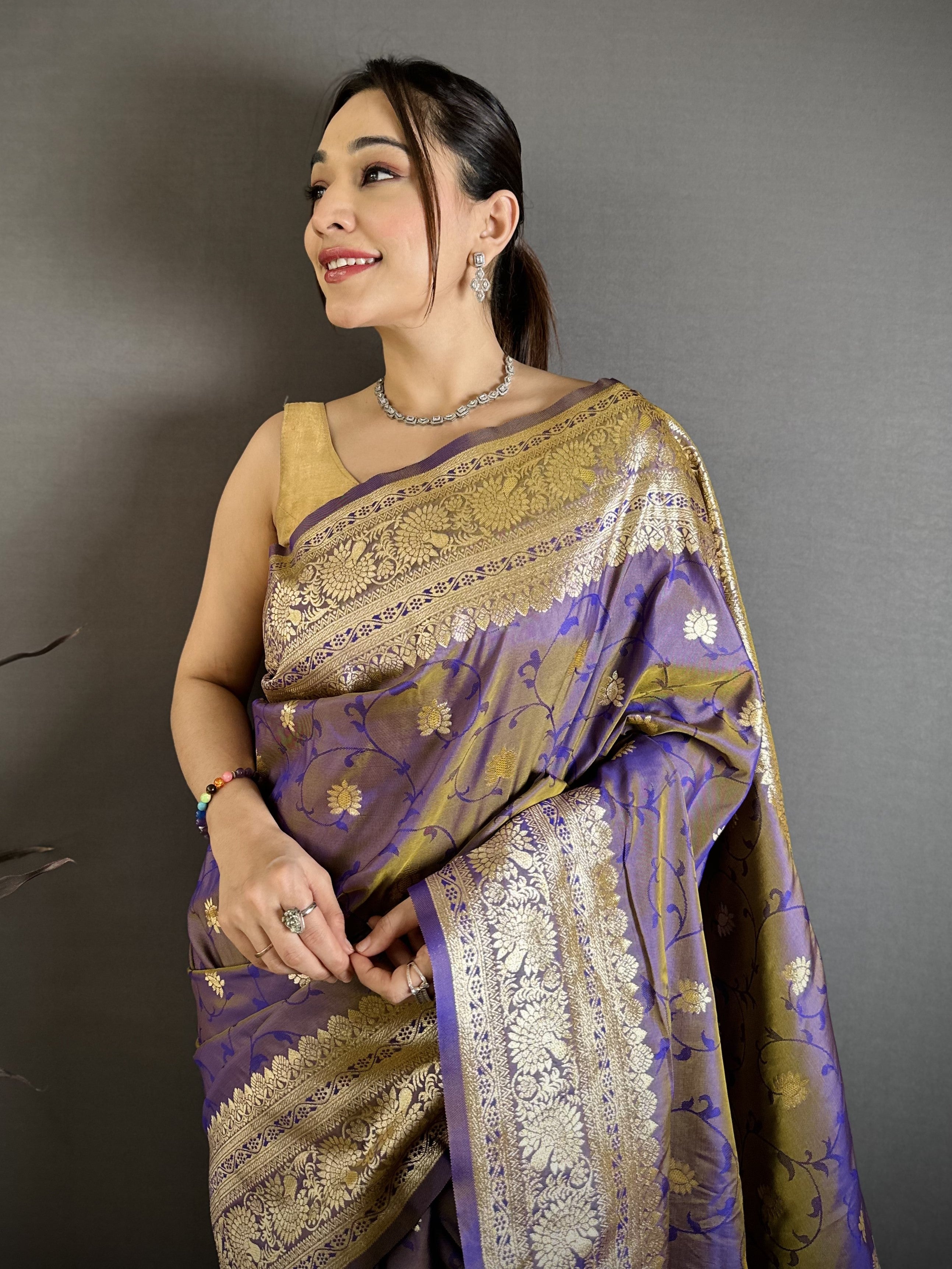 Gray Purple Pure Banarasi Silk Saree
