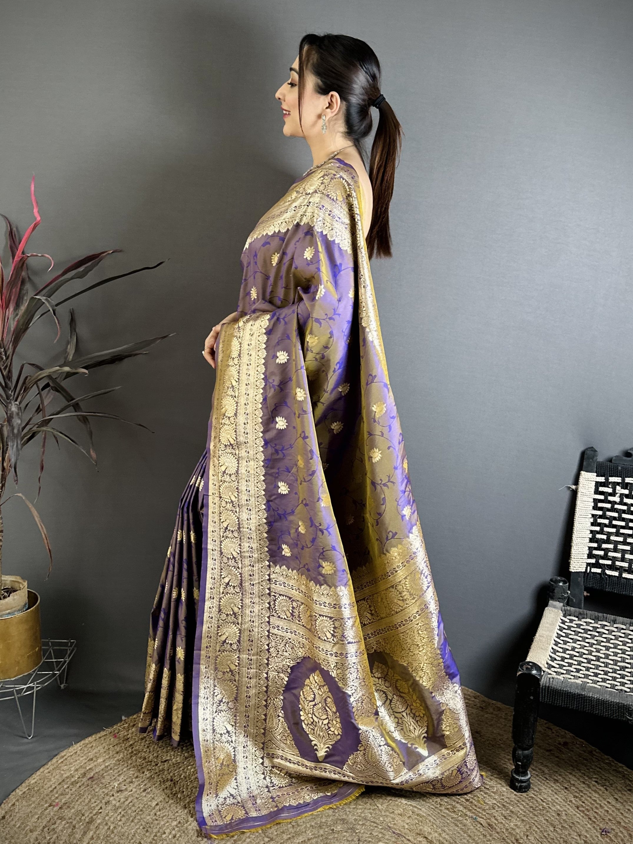 Gray Purple Pure Banarasi Silk Saree