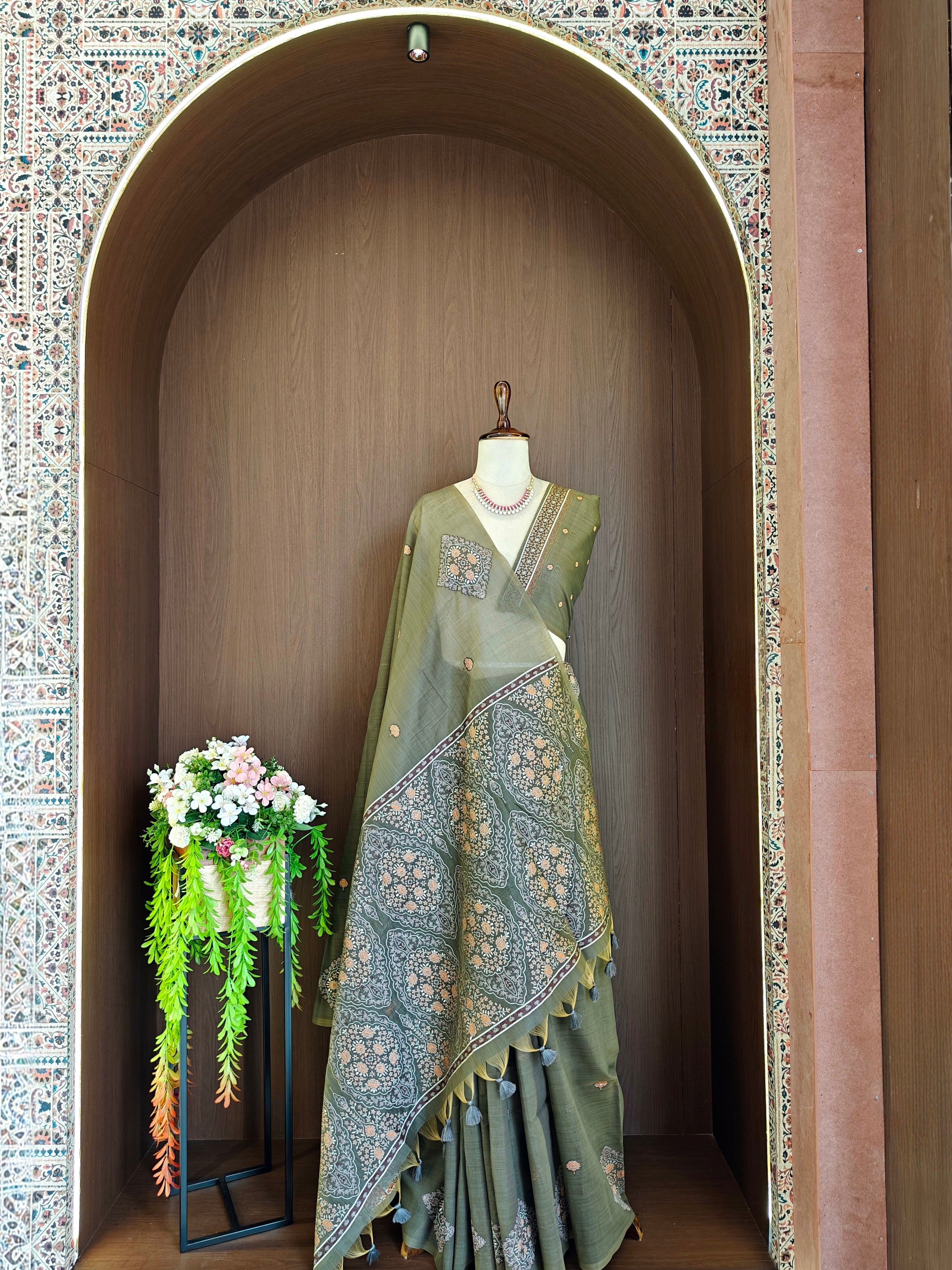 Gray Resham Woven Muga Cotton Saree