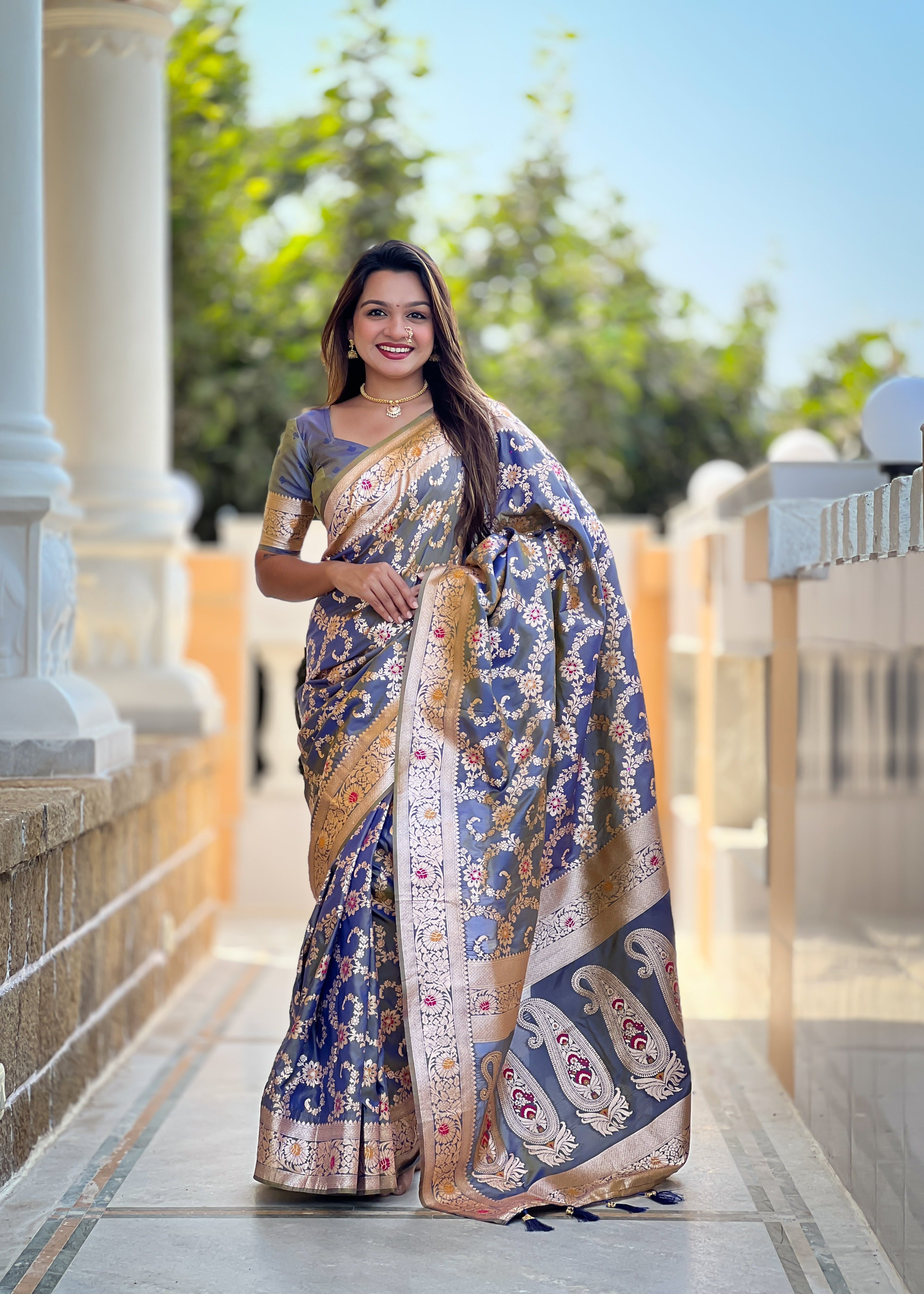 Gray Soft Banarasi Silk Saree