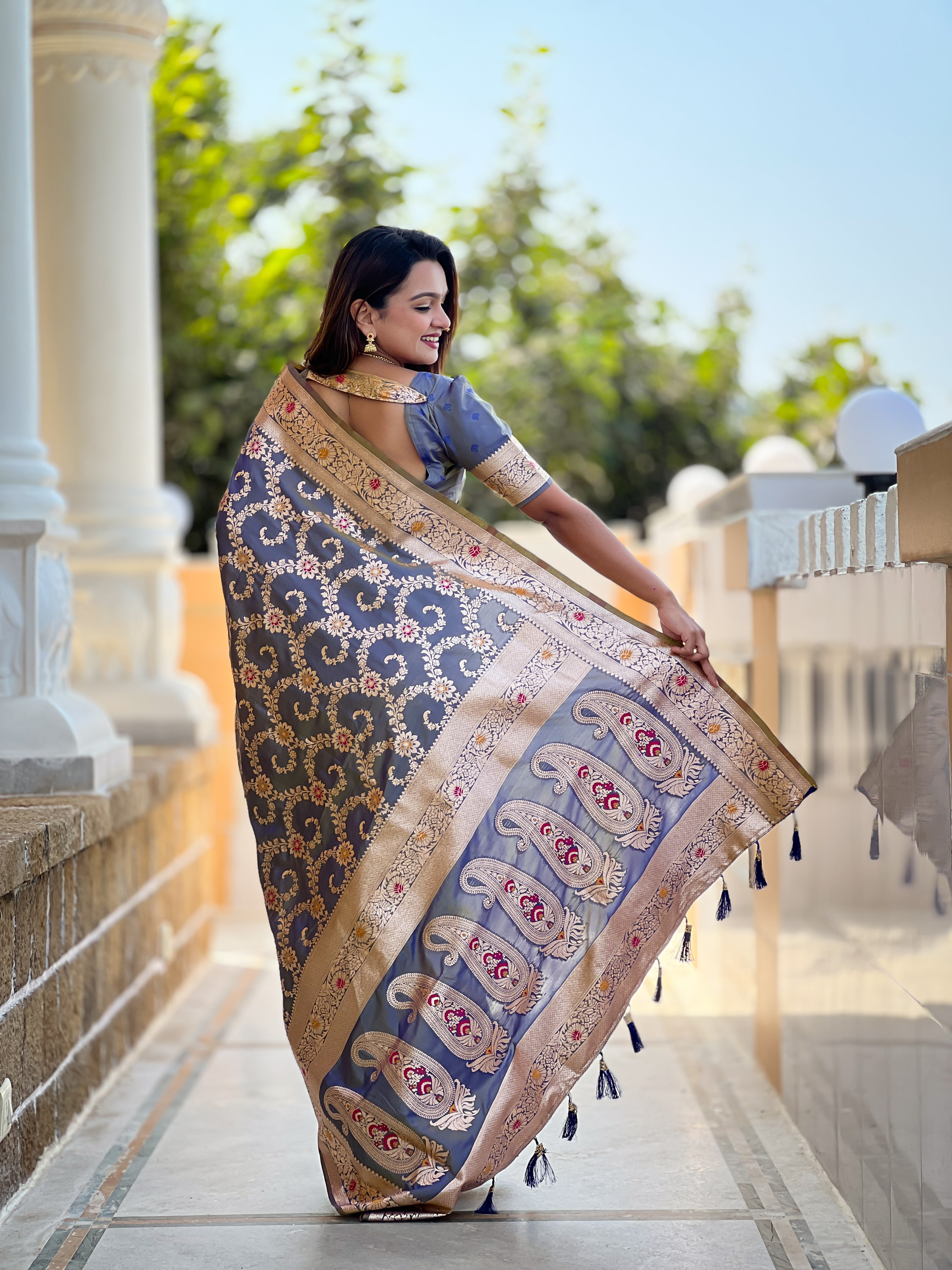 Gray Soft Banarasi Silk Saree