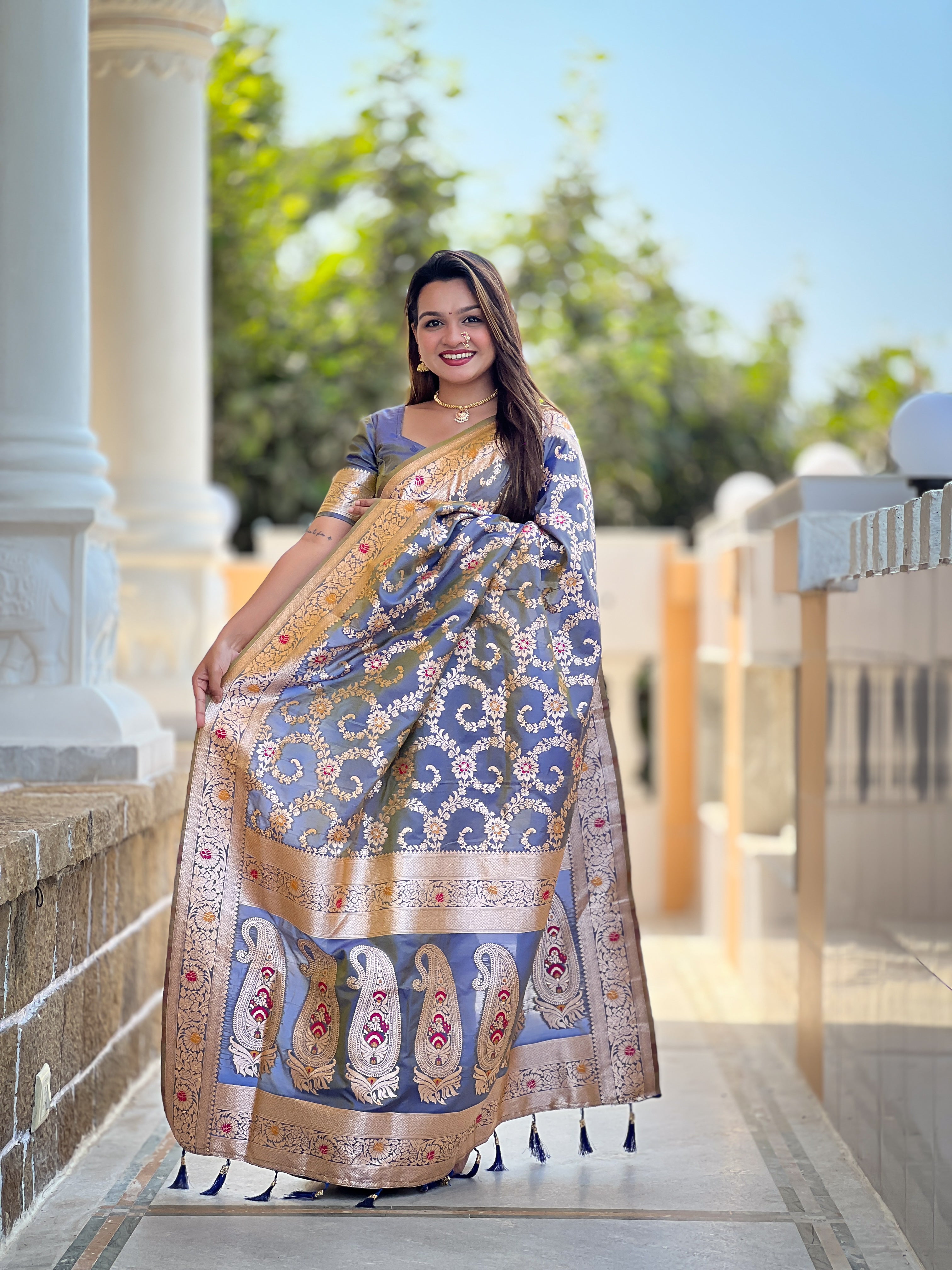 Gray Soft Banarasi Silk Saree