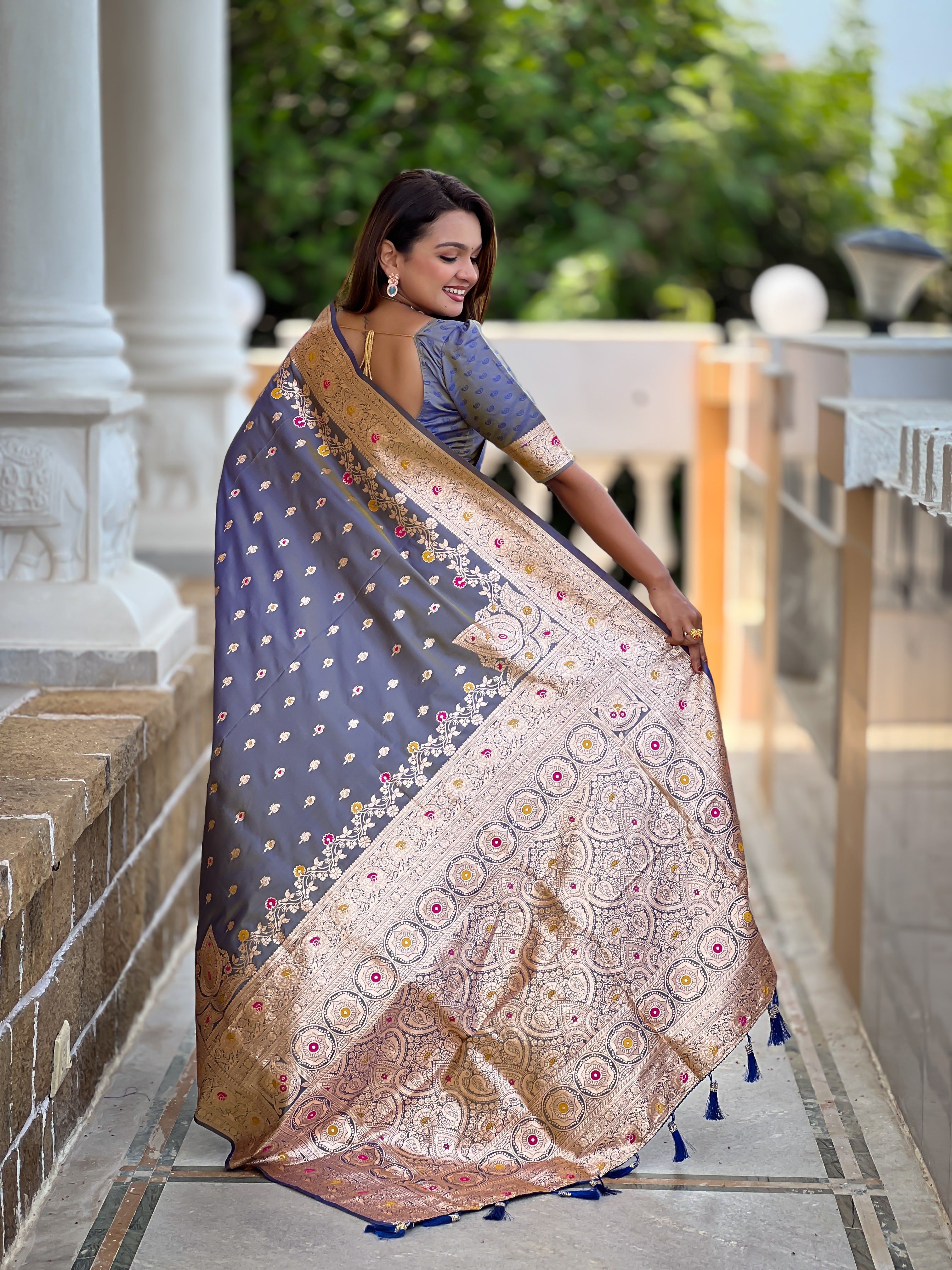 Gray Soft Banarasi Silk Saree