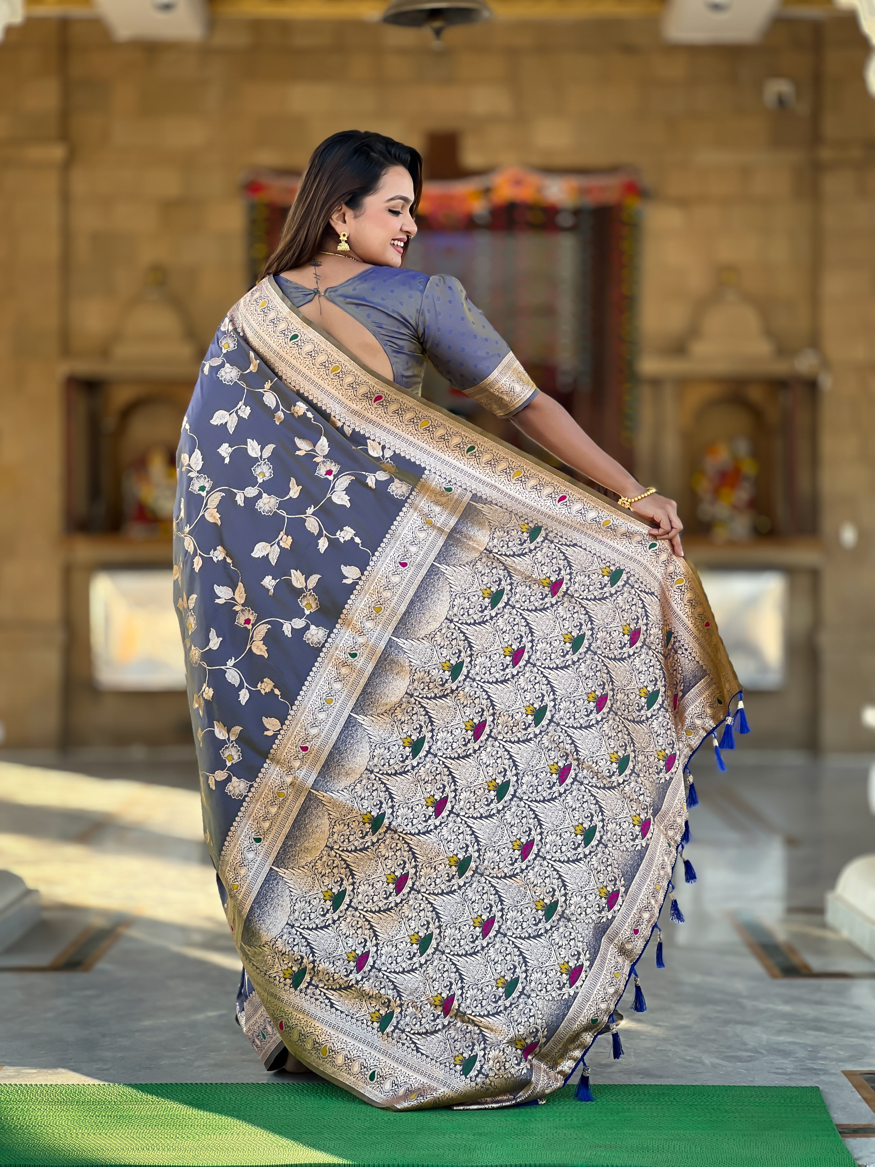 Gray Wedding Wear Soft Banarasi Silk Saree