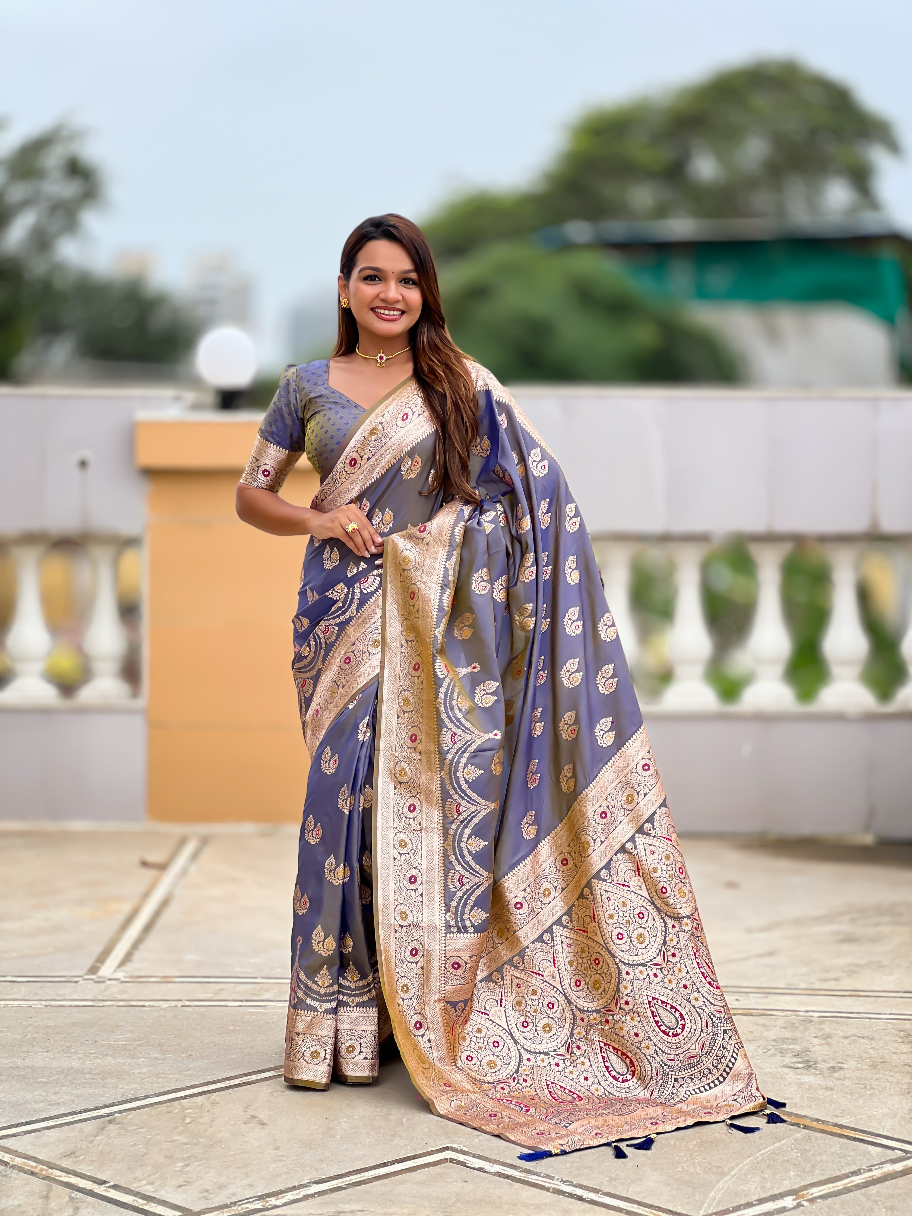 Gray Wedding Wear Soft Banarasi Silk Saree