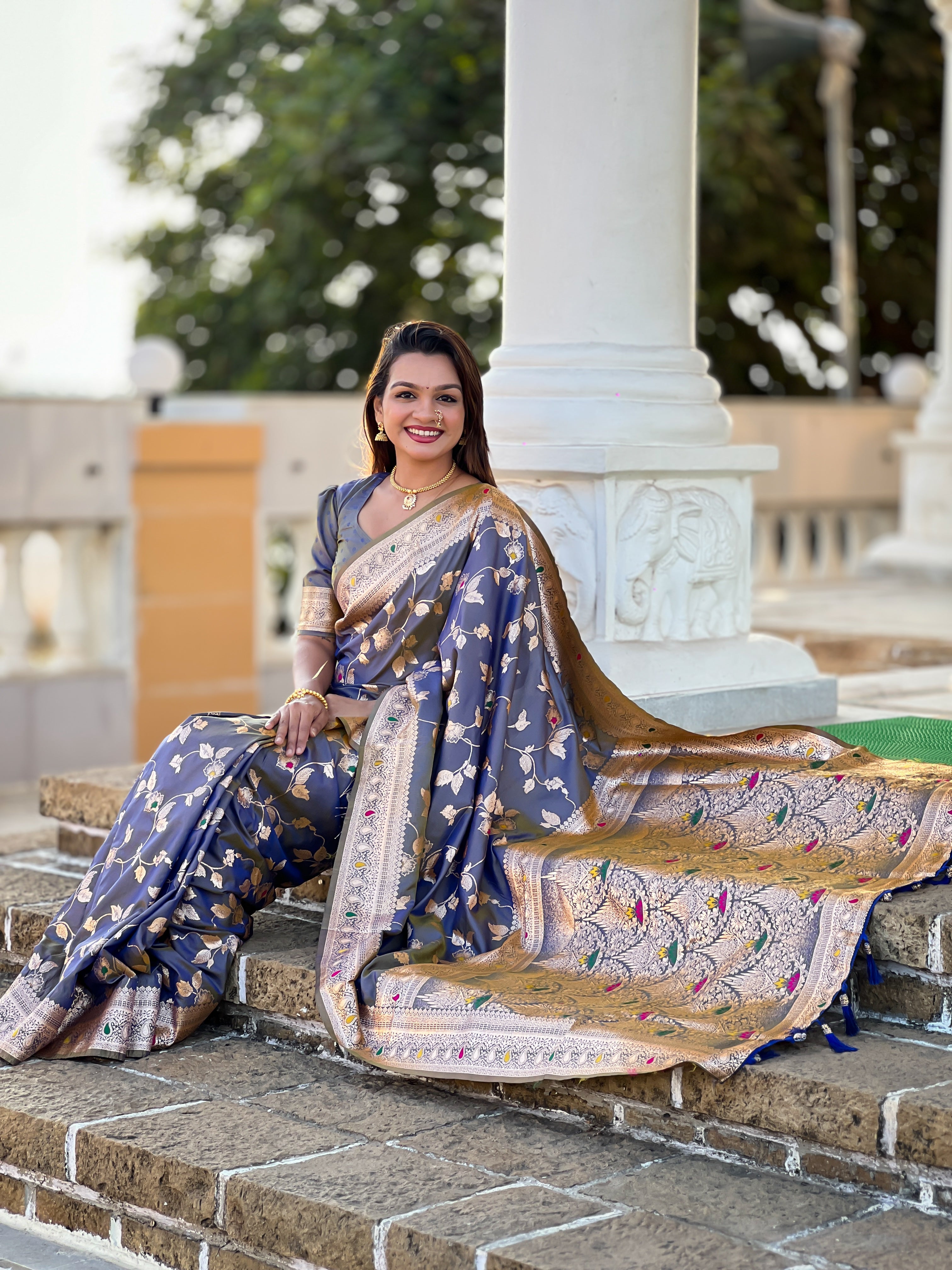Gray Wedding Wear Soft Banarasi Silk Saree