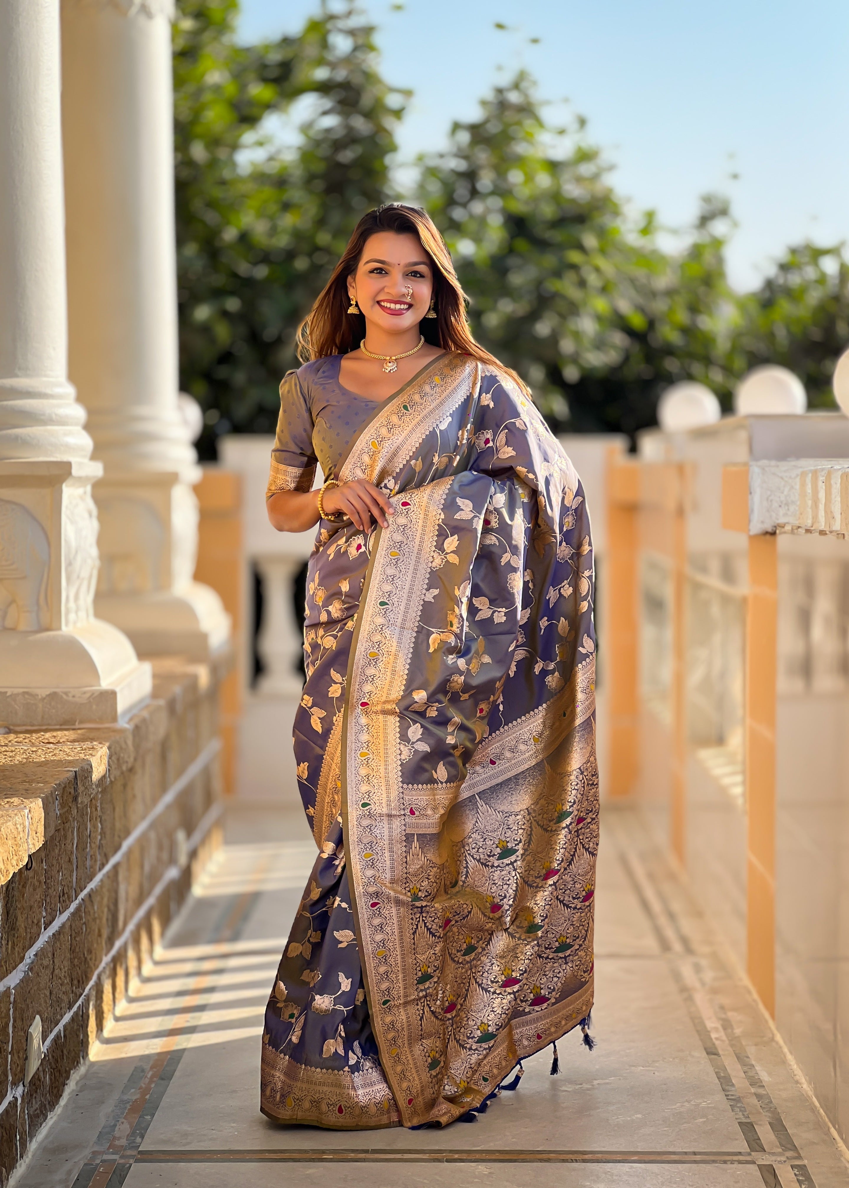 Gray Wedding Wear Soft Banarasi Silk Saree