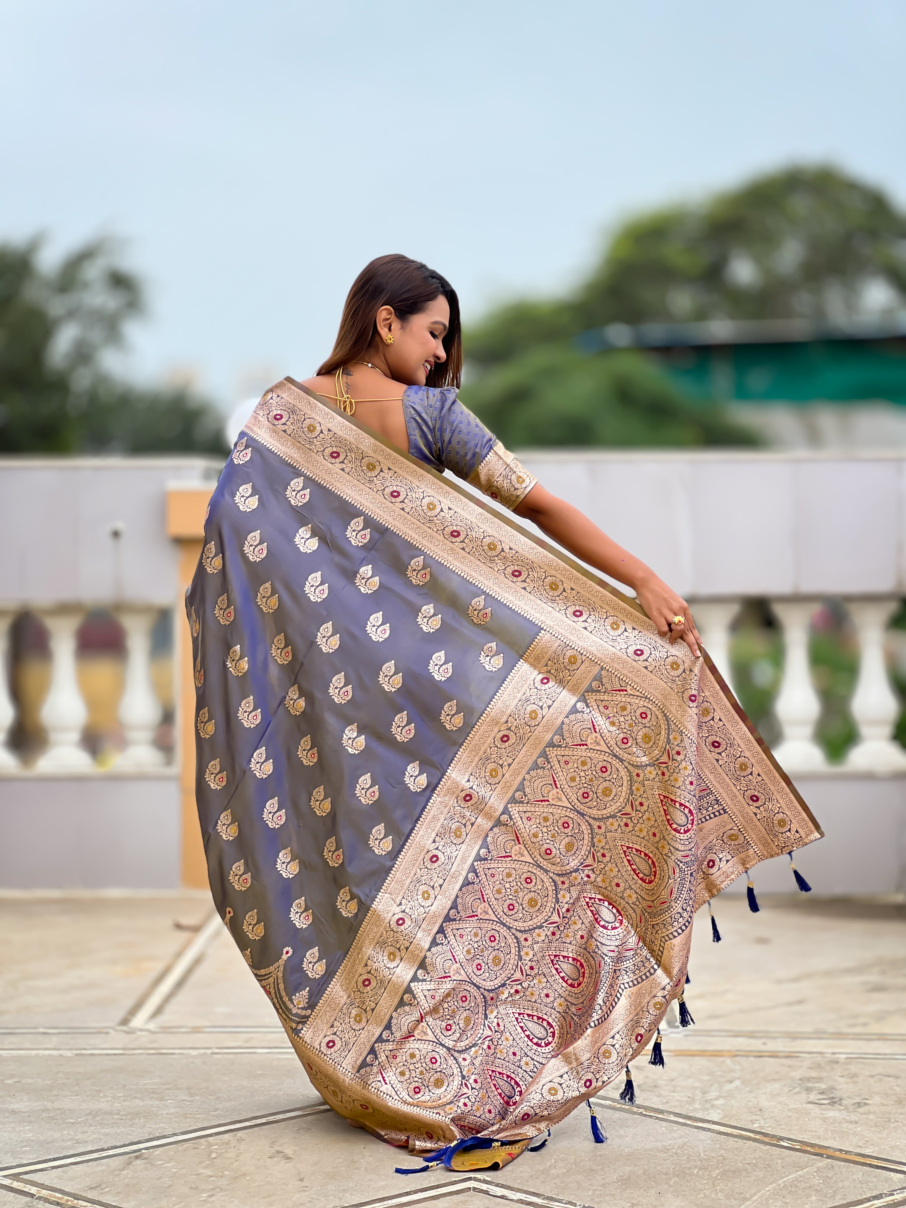 Gray Wedding Wear Soft Banarasi Silk Saree