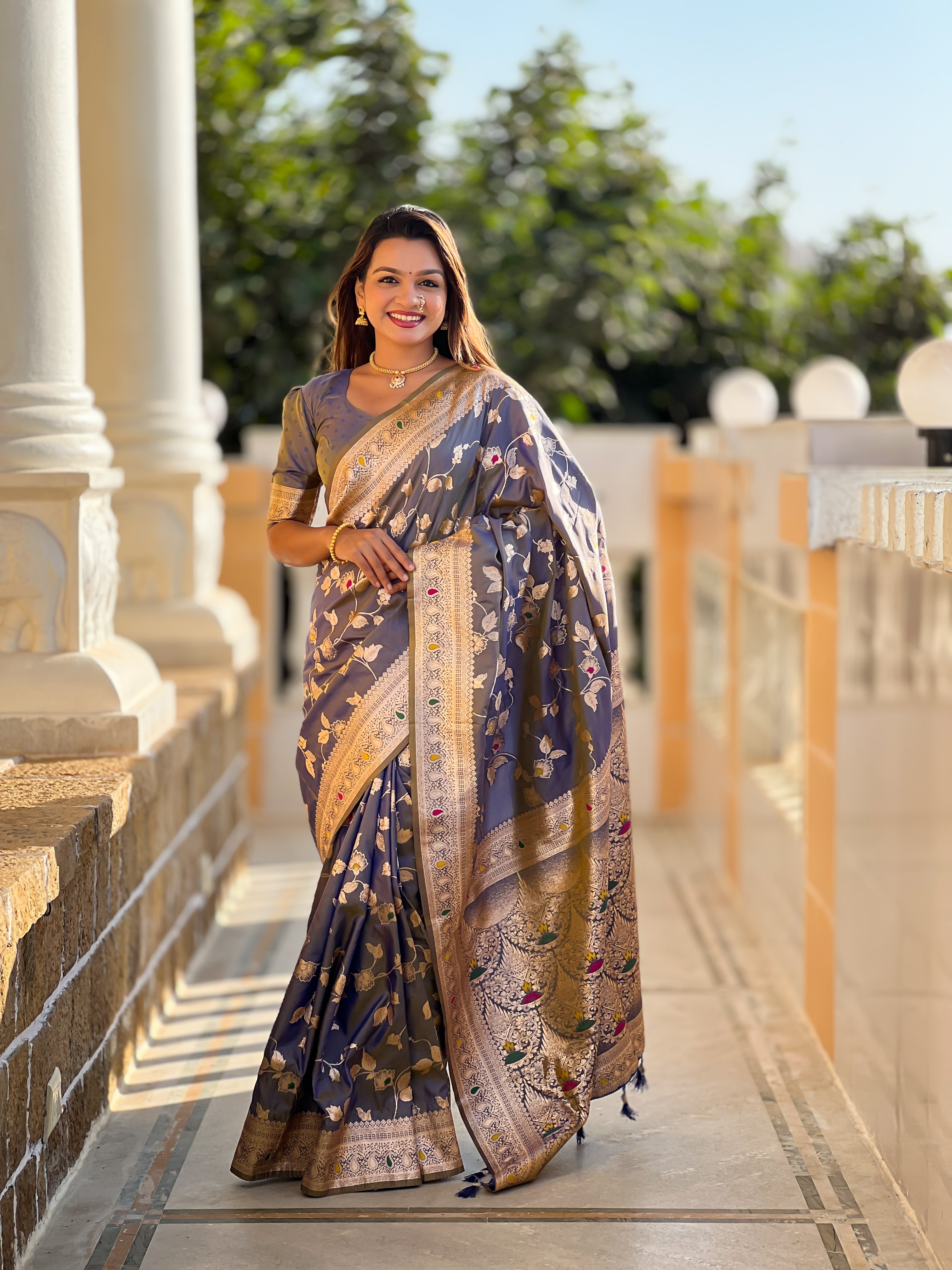 Gray Wedding Wear Soft Banarasi Silk Saree