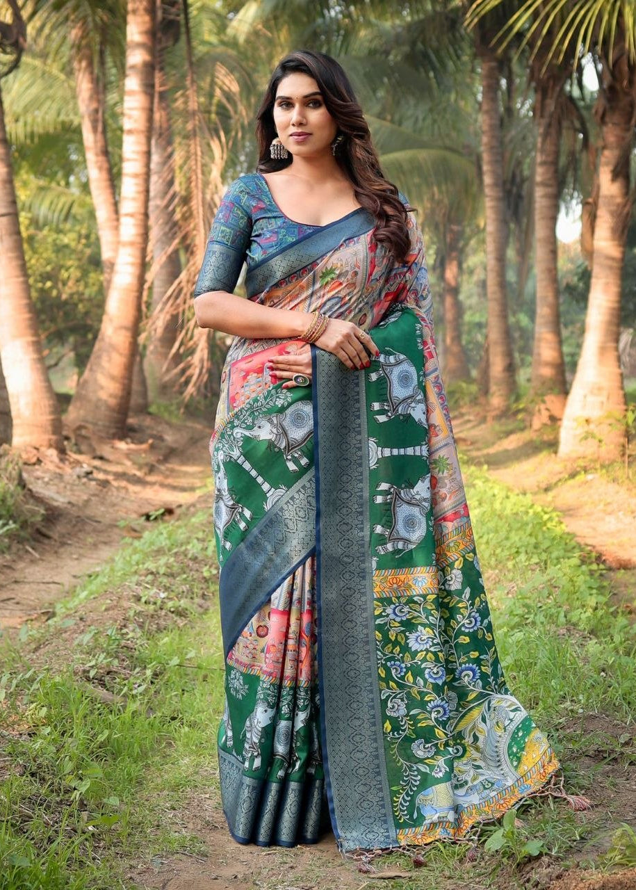 Green Elegant Printed Tussar Silk Saree