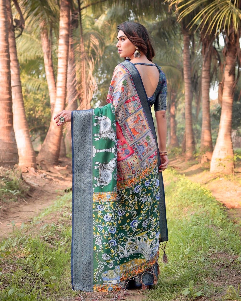 Green Elegant Printed Tussar Silk Saree