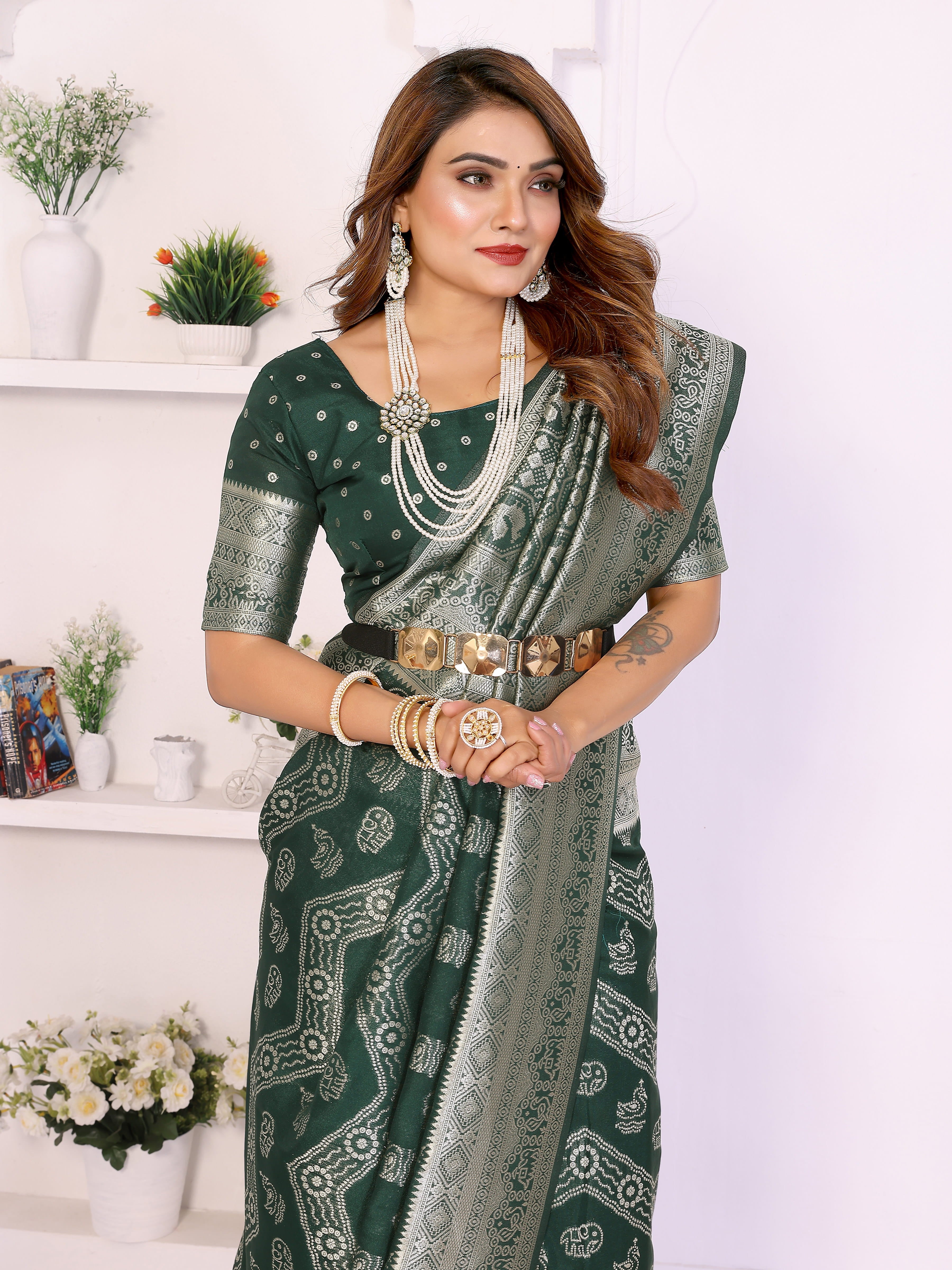 Green Georgette Silk Leheriya Zari Weaving Saree