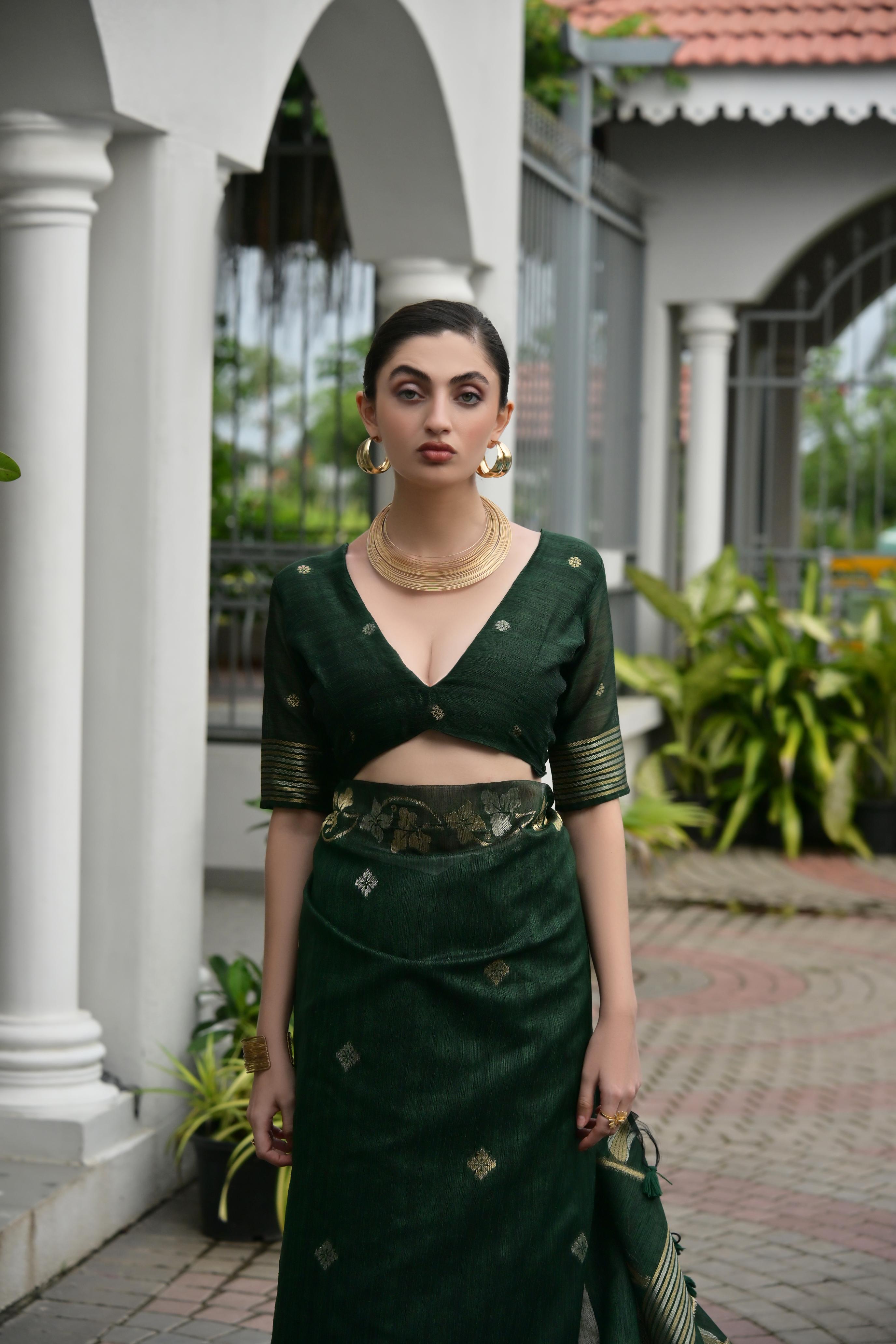 Green Jute Linen Silk Saree