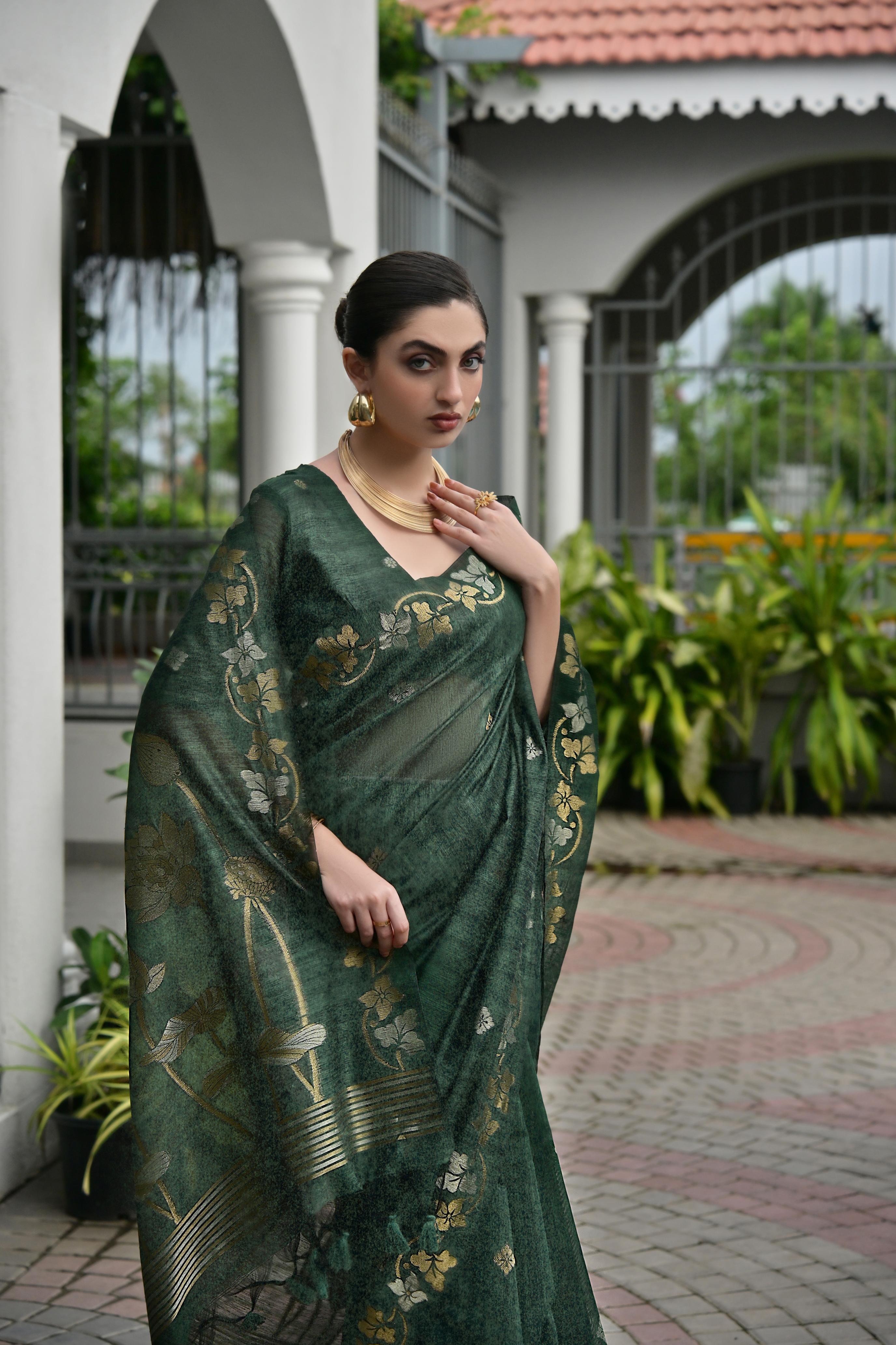 Green Jute Linen Silk Saree