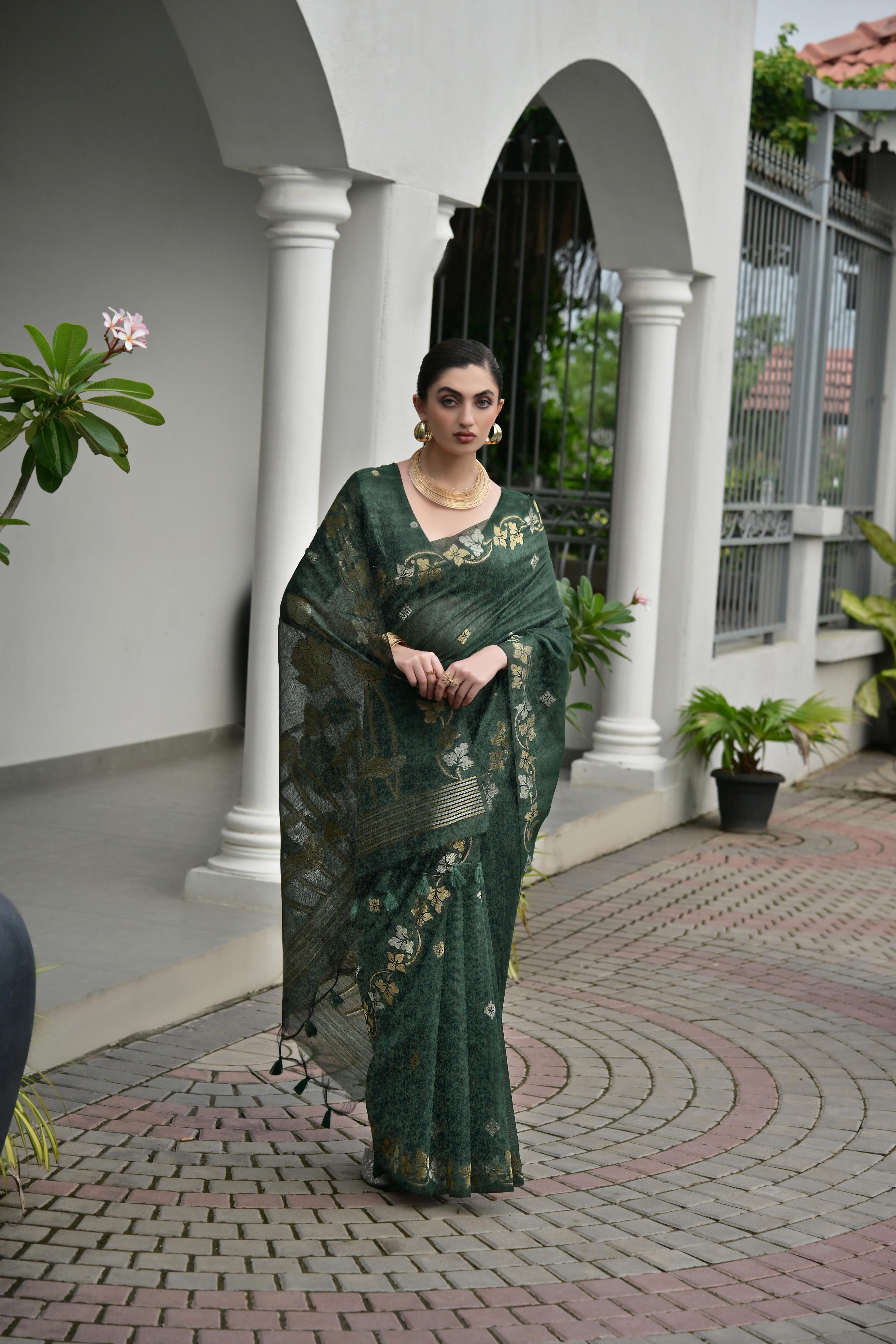 Green Jute Linen Silk Saree
