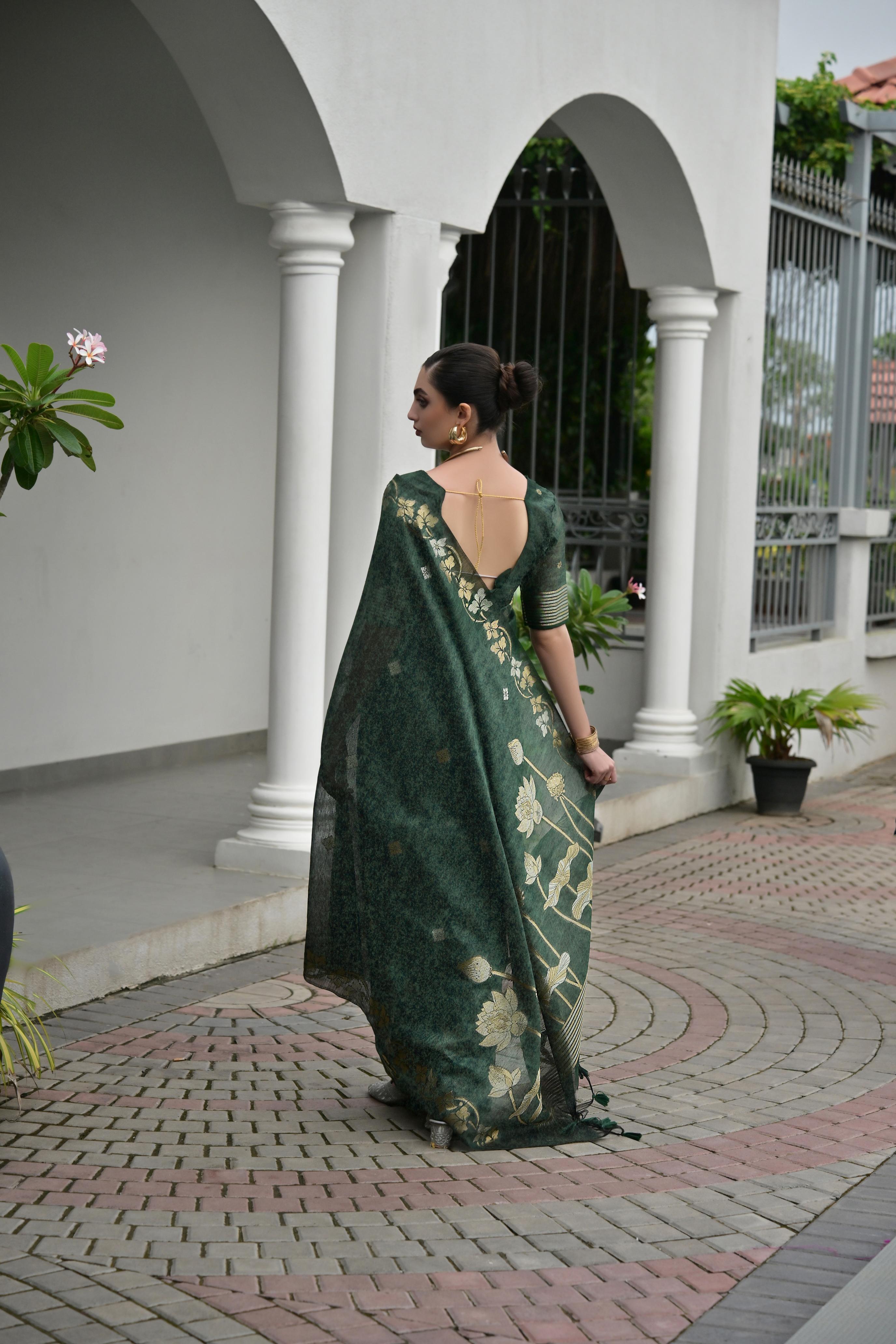 Green Jute Linen Silk Saree