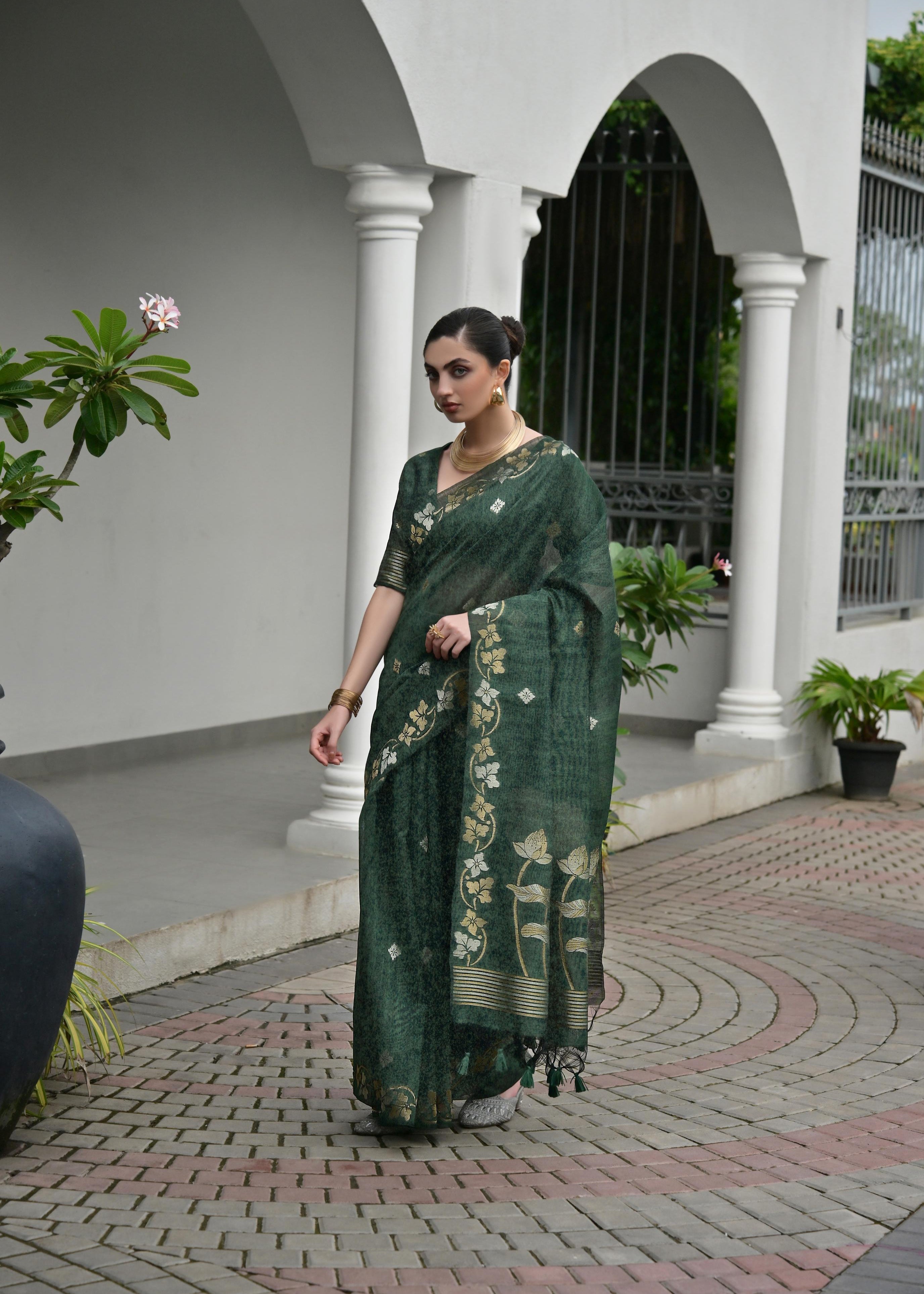 Green Jute Linen Silk Saree