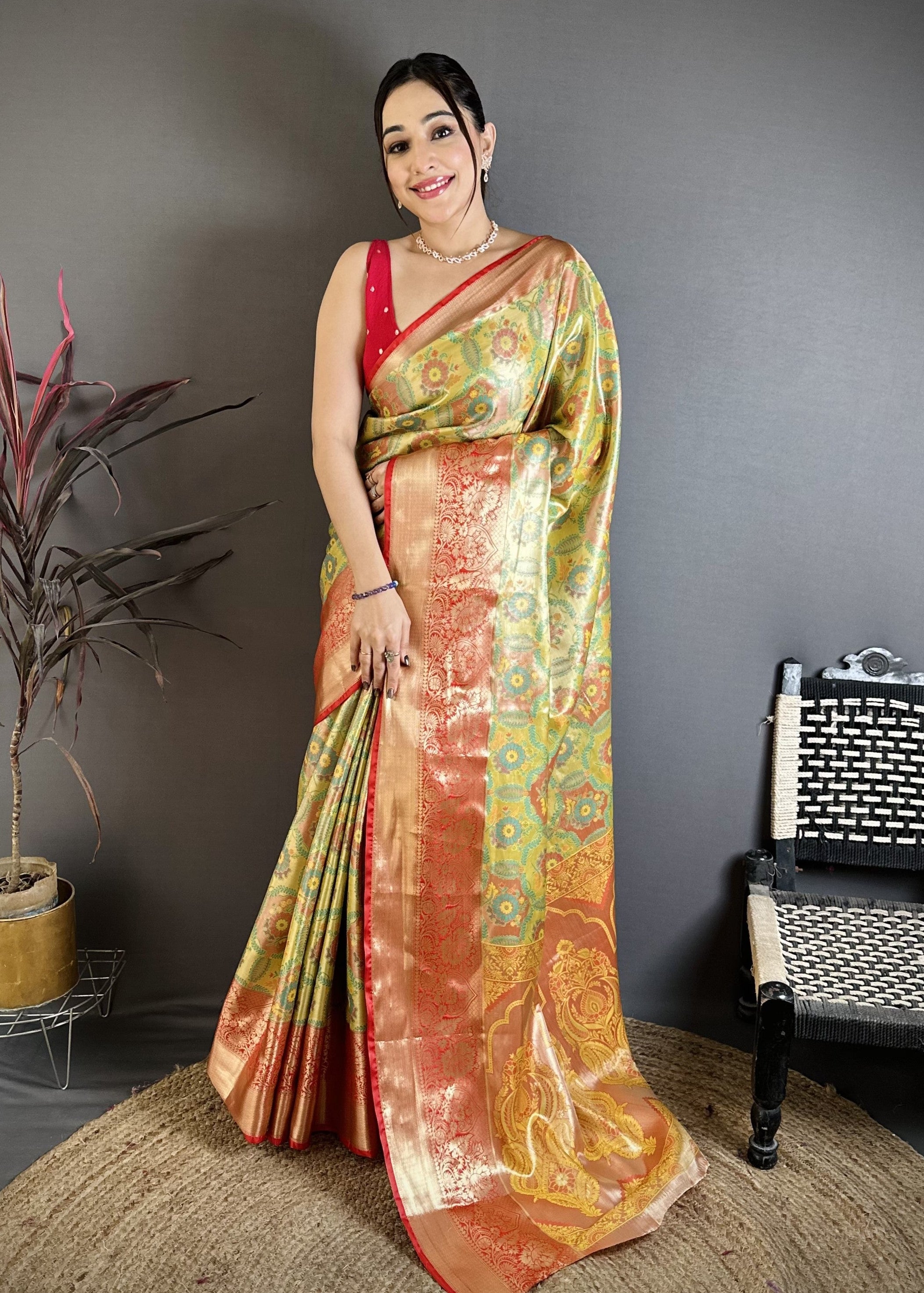 Green & Orange Bridal Kanjivaram Silk Saree