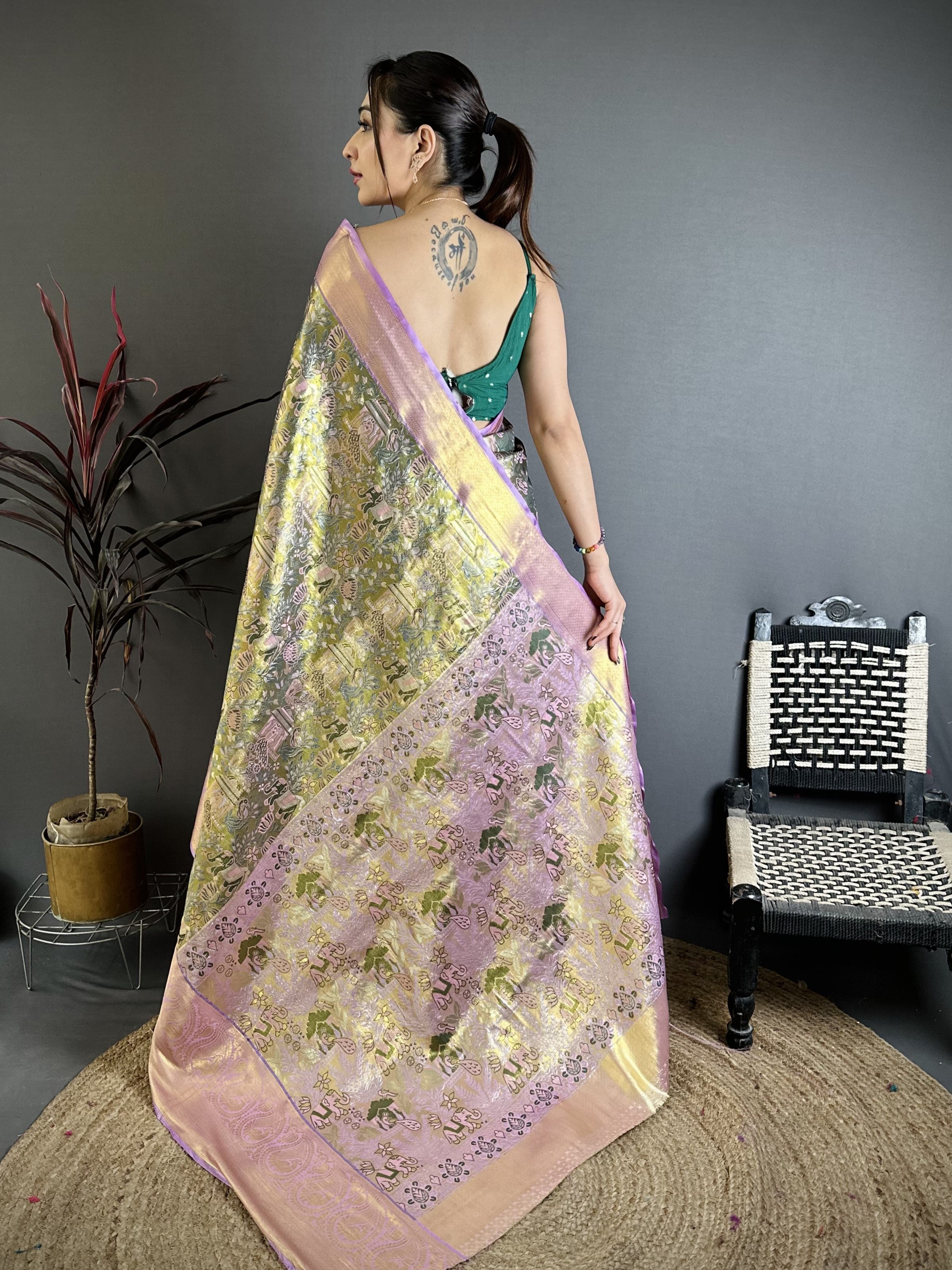 Olive Green & Pink Bridal Kanjivaram Silk Saree