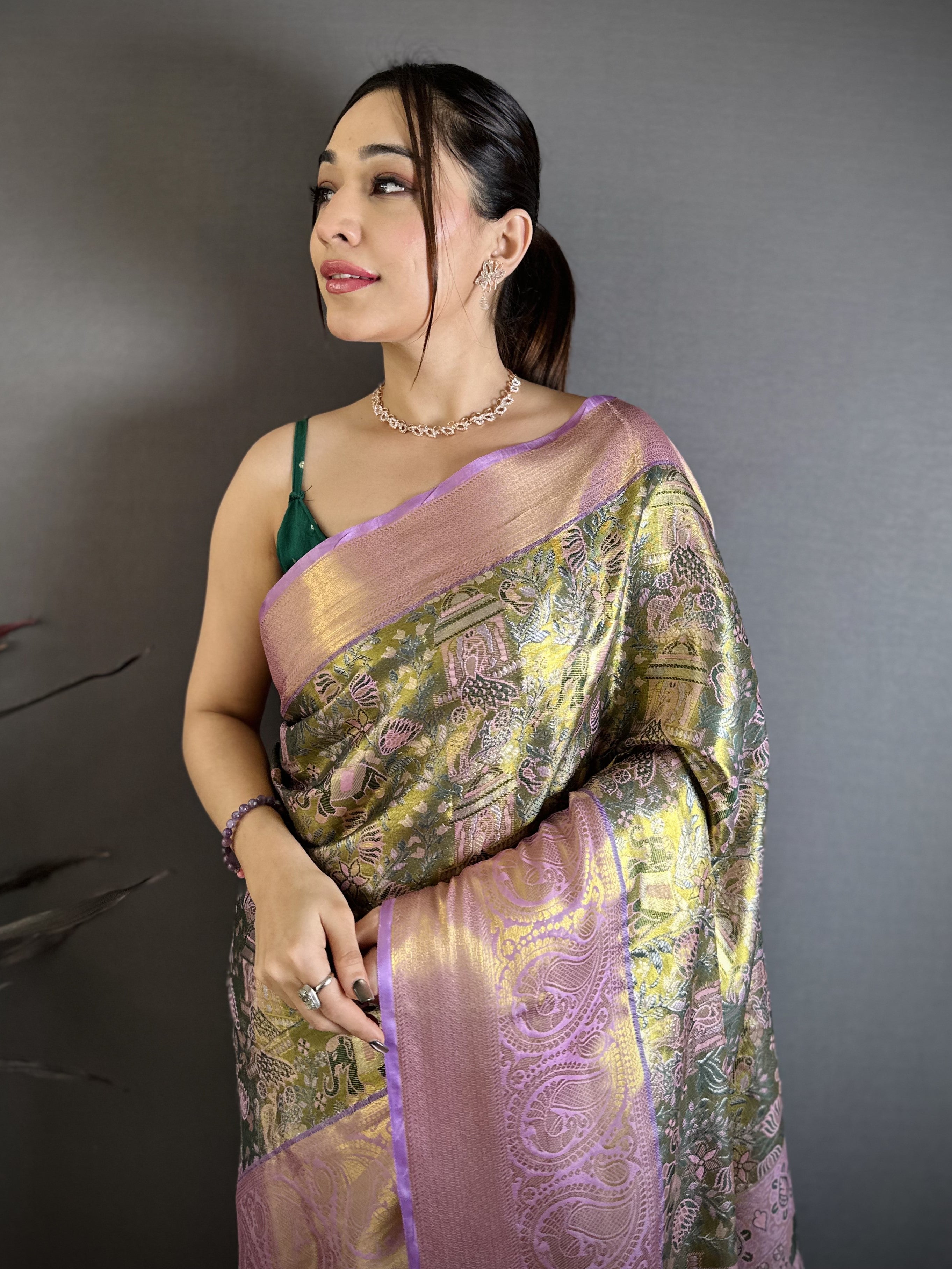 Olive Green & Pink Bridal Kanjivaram Silk Saree