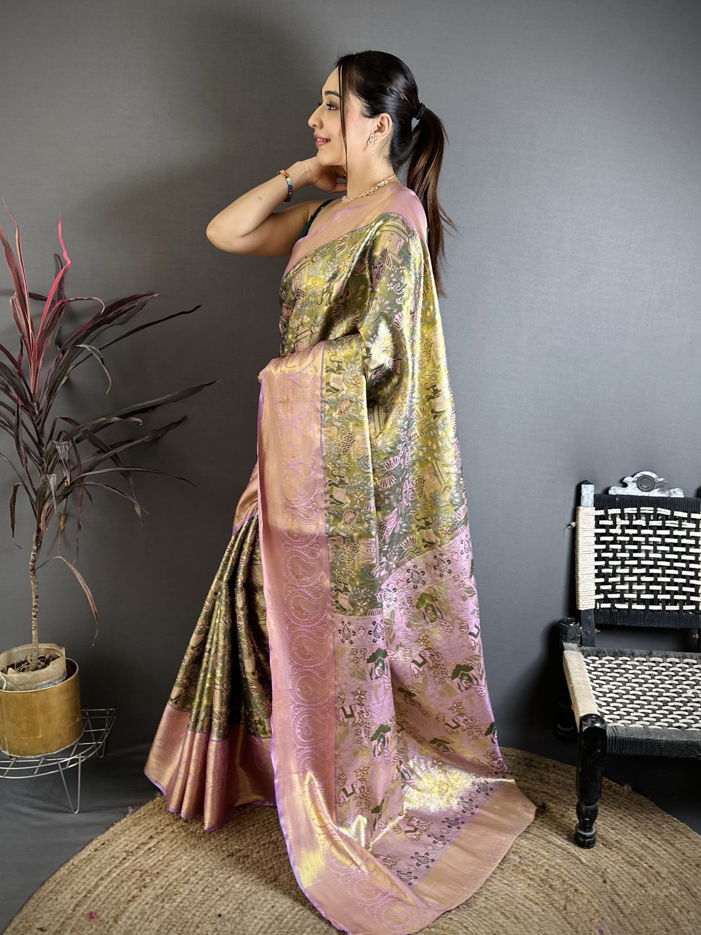 Olive Green & Pink Bridal Kanjivaram Silk Saree