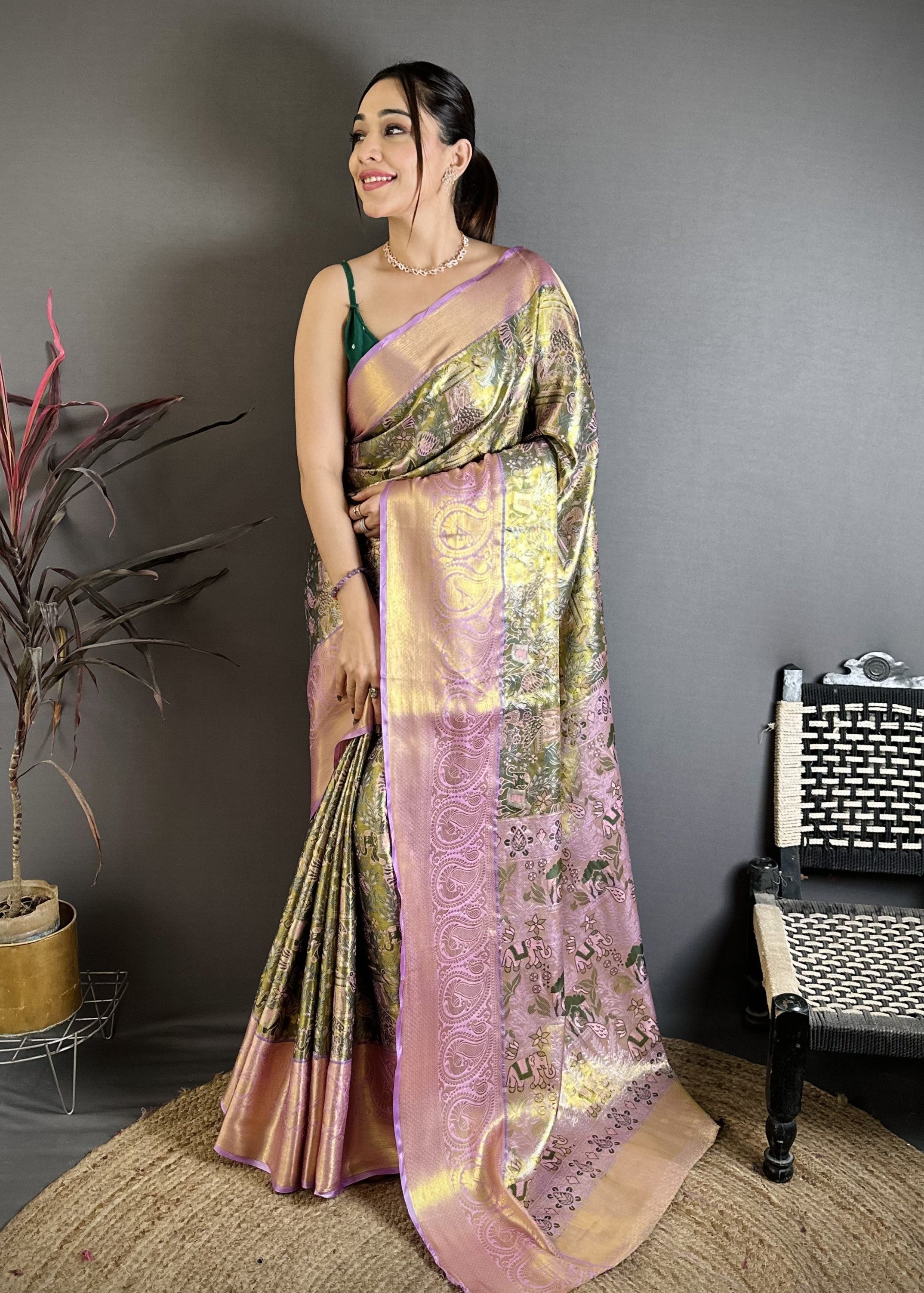 Olive Green & Pink Bridal Kanjivaram Silk Saree