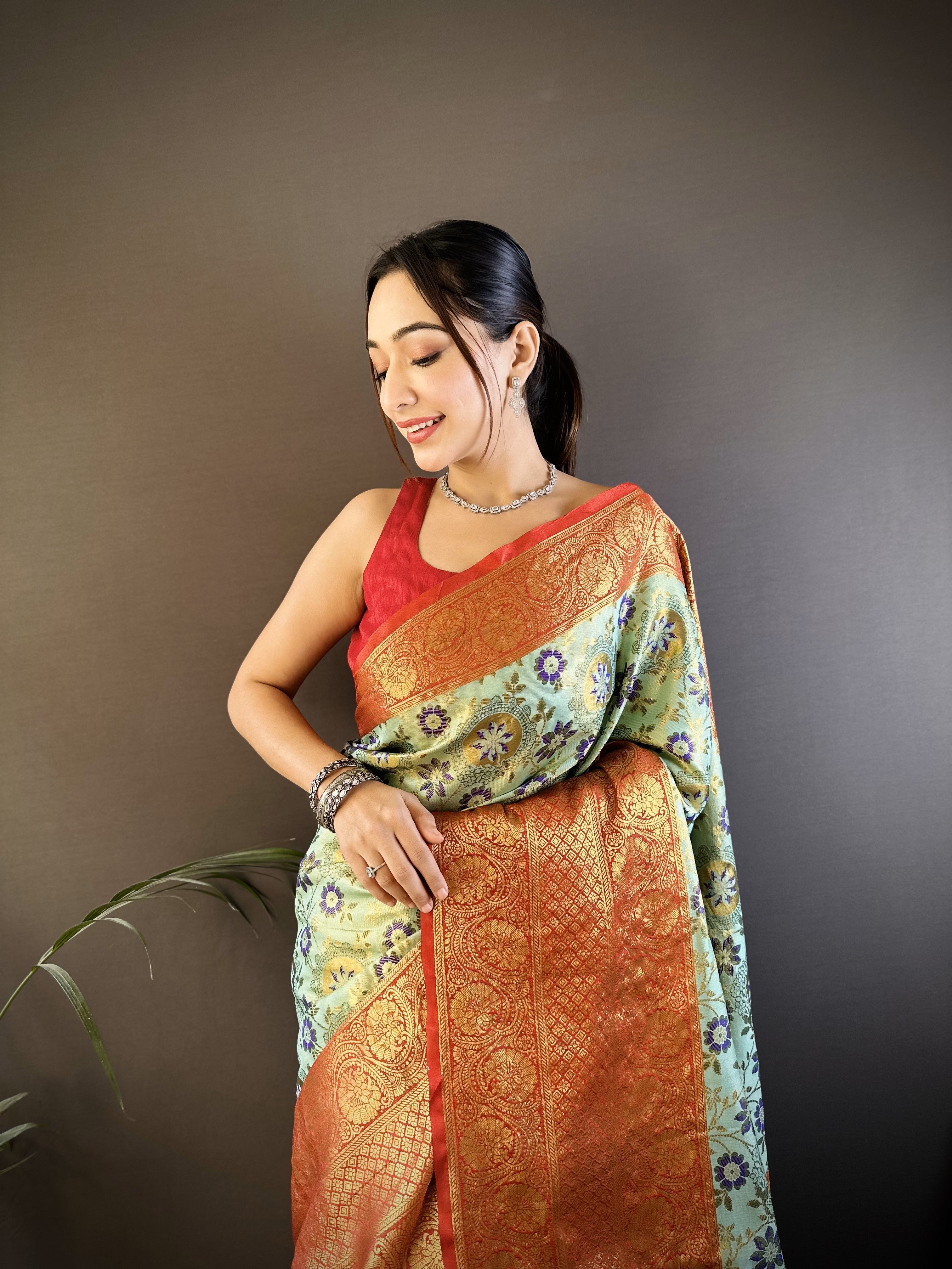 Green & Red Kanjivaram Tissue Silk Saree