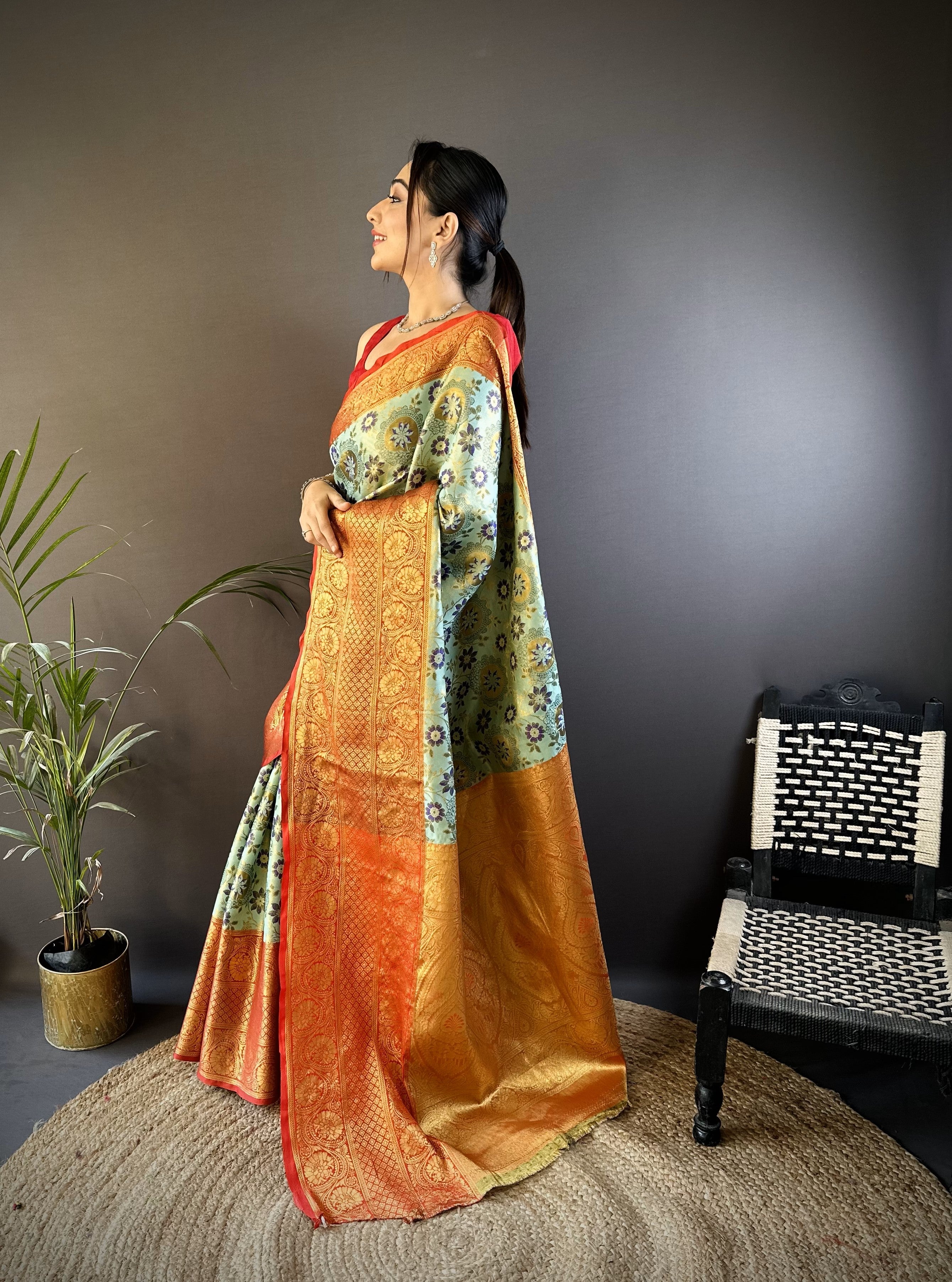 Green & Red Kanjivaram Tissue Silk Saree