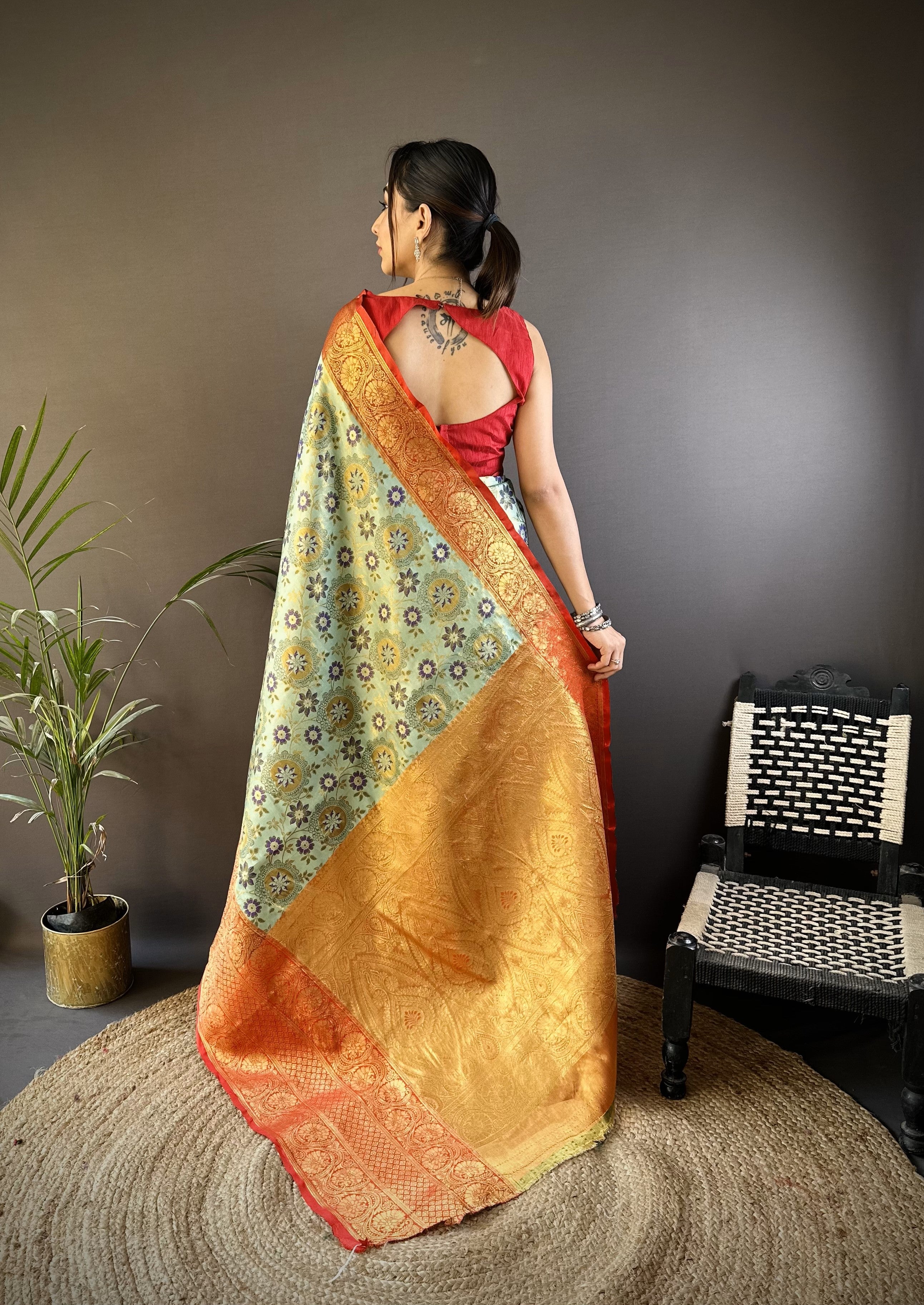 Green & Red Kanjivaram Tissue Silk Saree