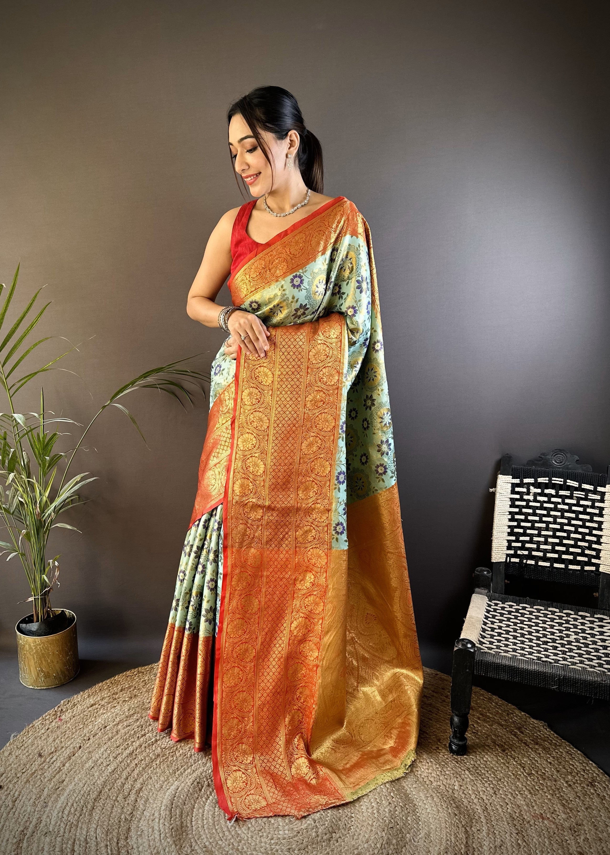 Green & Red Kanjivaram Tissue Silk Saree