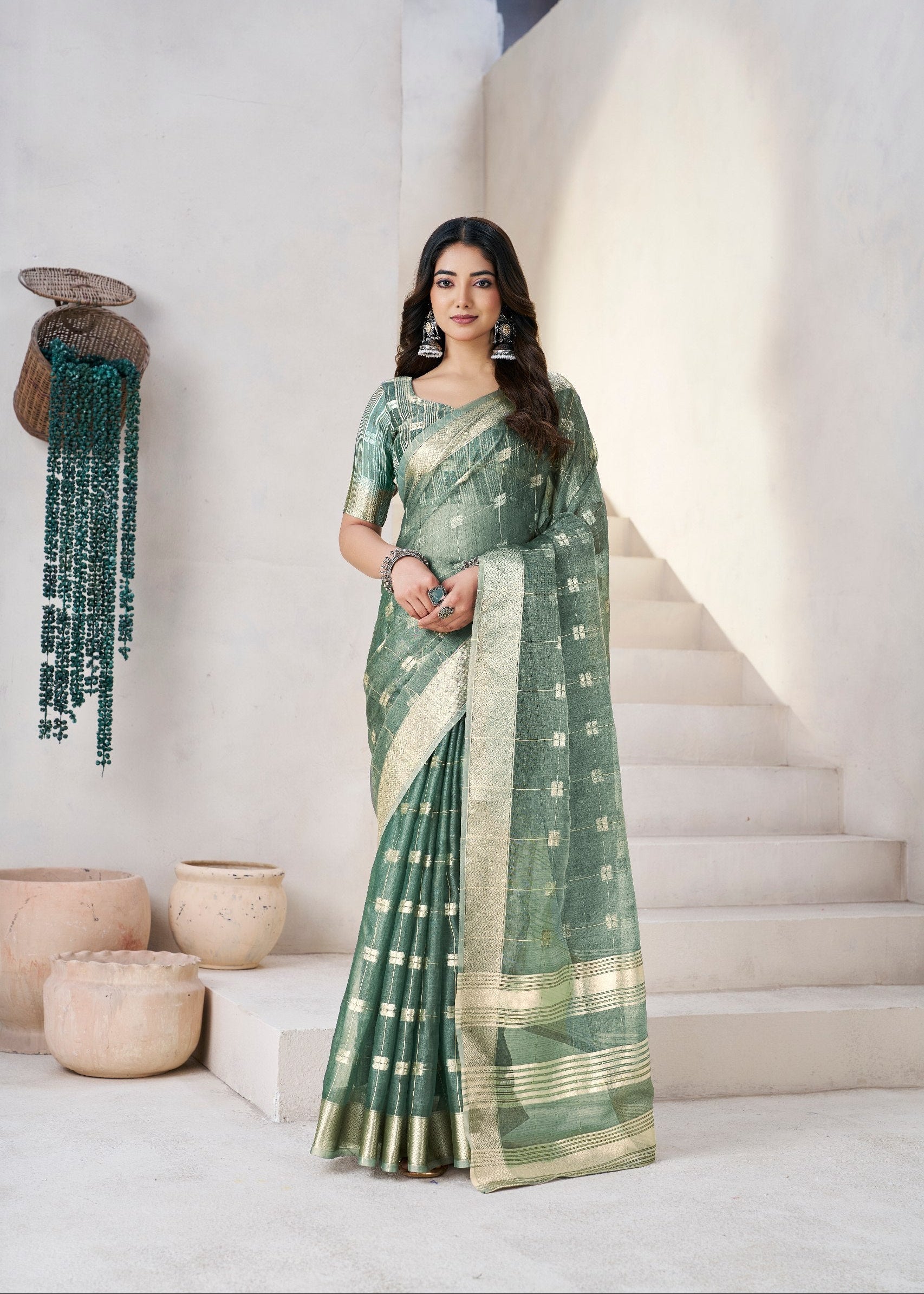 Green Soft Linen Cotton Silk Saree