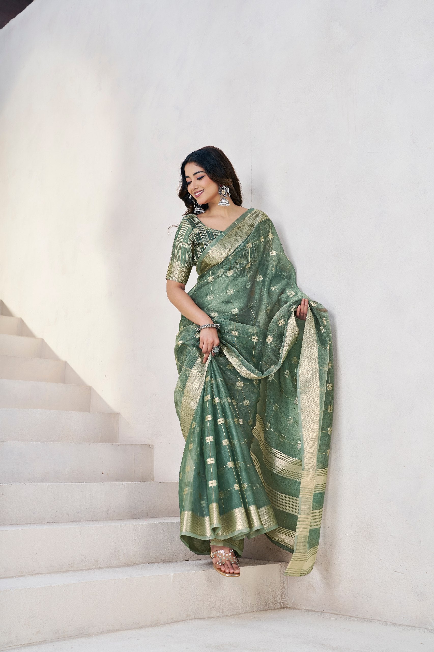 Green Soft Linen Cotton Silk Saree